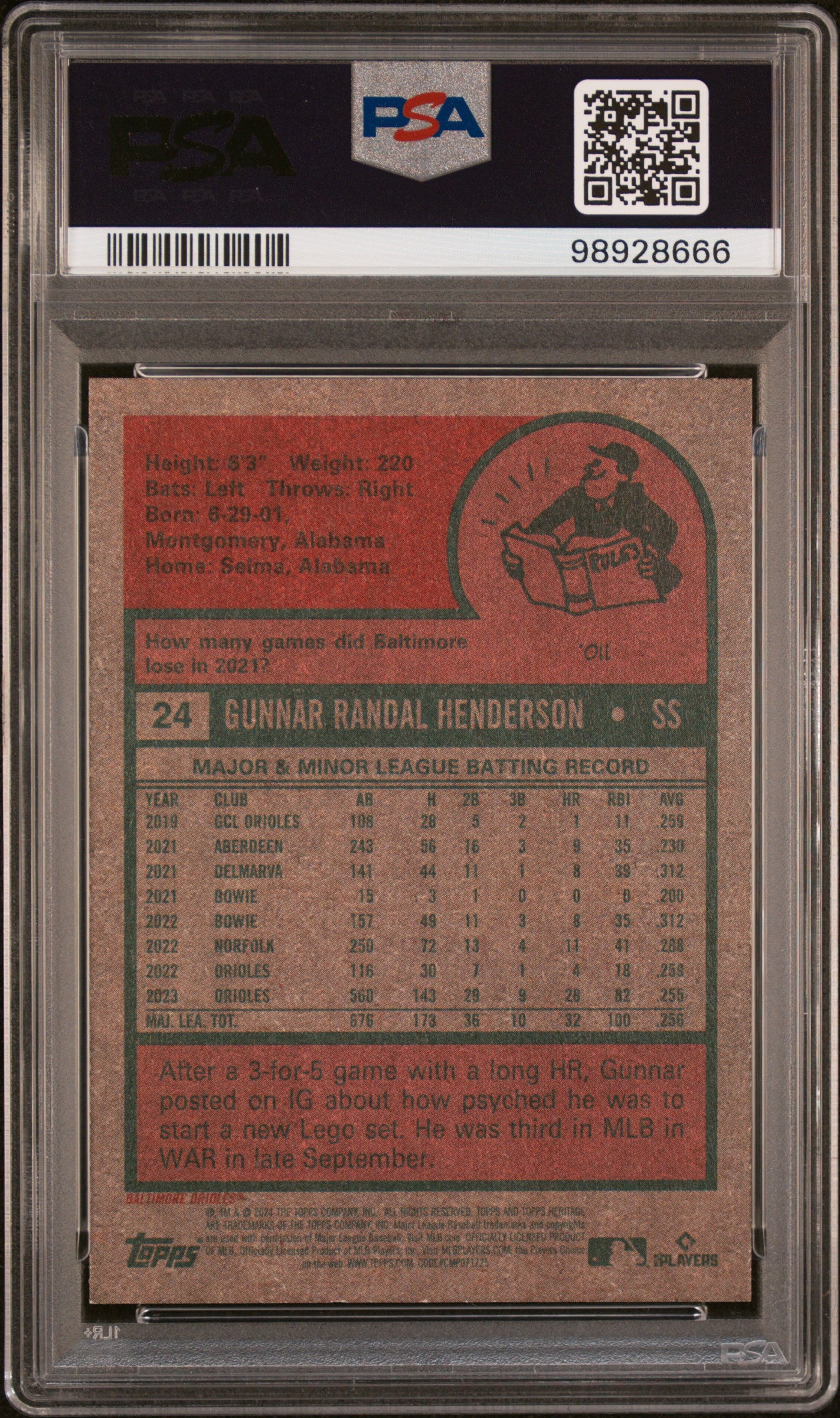 2024 Topps Heritage #24 Gunnar Henderson PSA 9