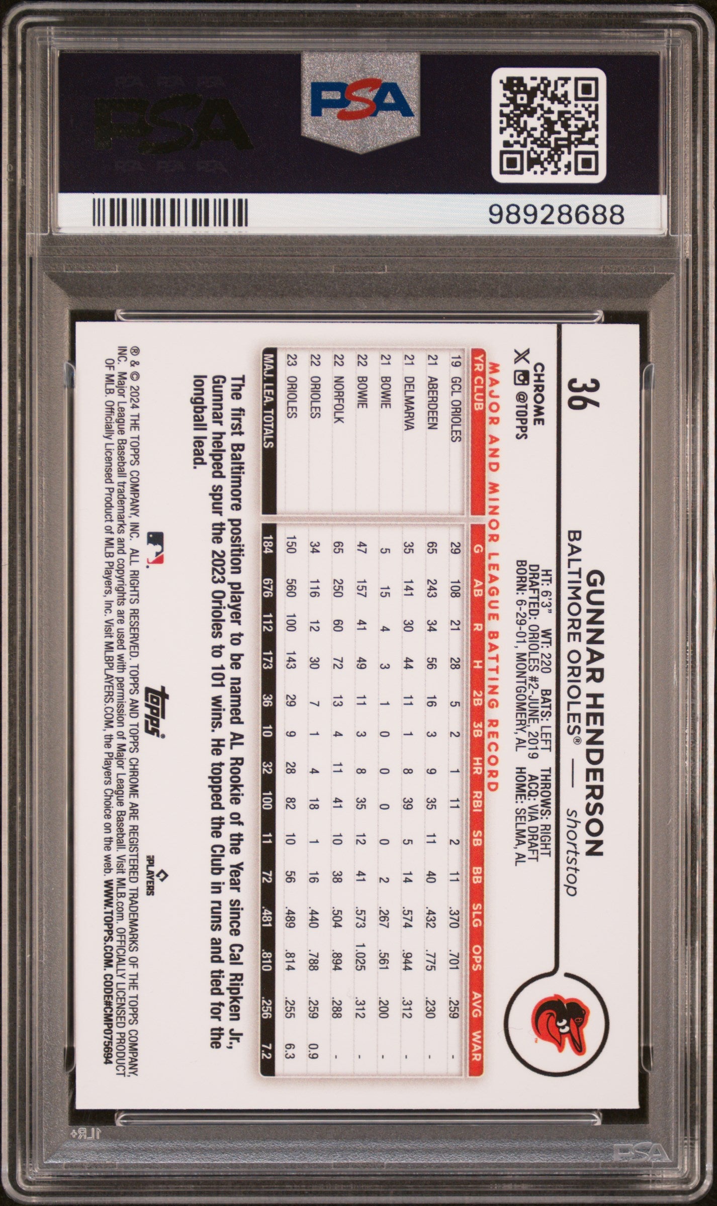 2024 Topps Chrome #36 Gunnar Henderson Purple Sonar Refractor PSA 9