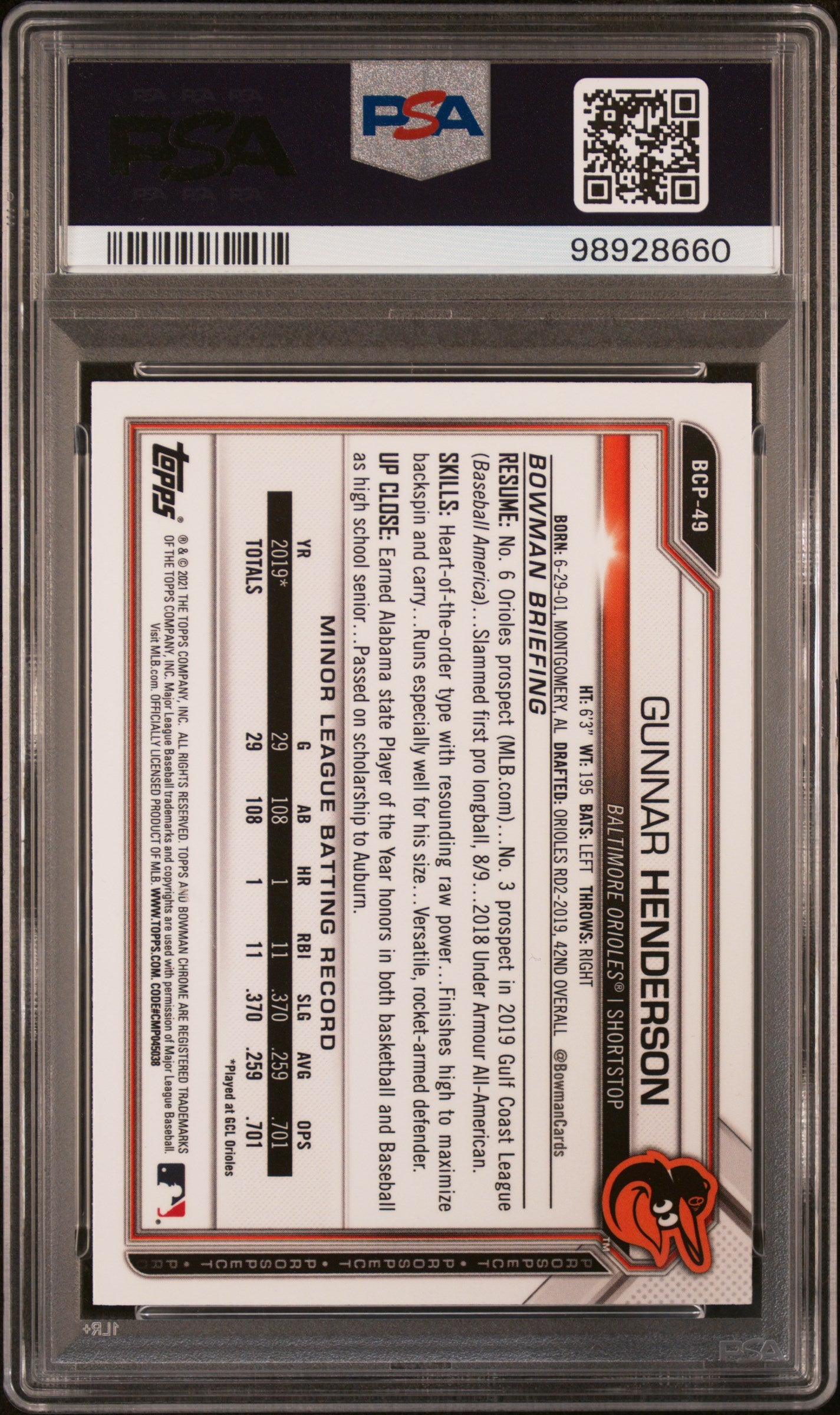 2021 Bowman Sapphire Edition Chrome Prospects #BCP49 Gunnar Henderson PSA 10