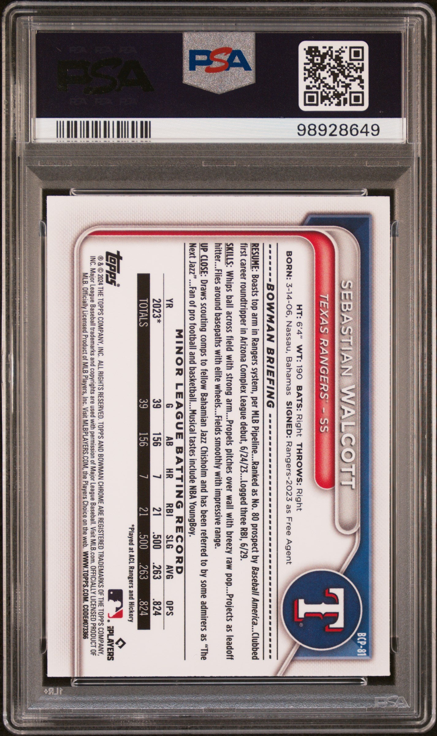 2024 Bowman Mega Box Chro Prosp #81 Sebastian Walcott Purple Ref PSA 10