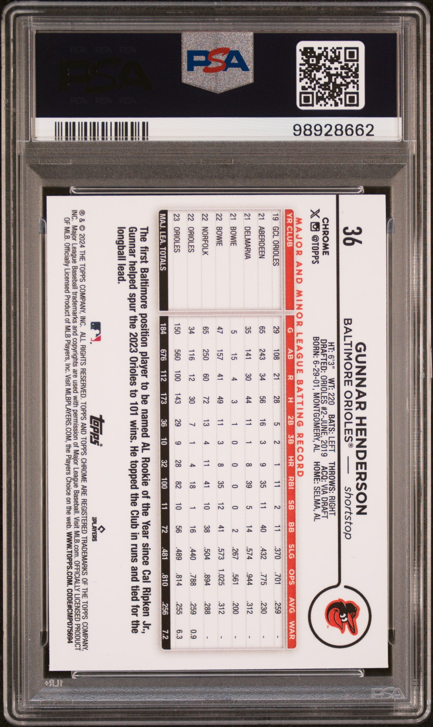 2024 Topps Chrome #36 Gunnar Henderson PSA 9