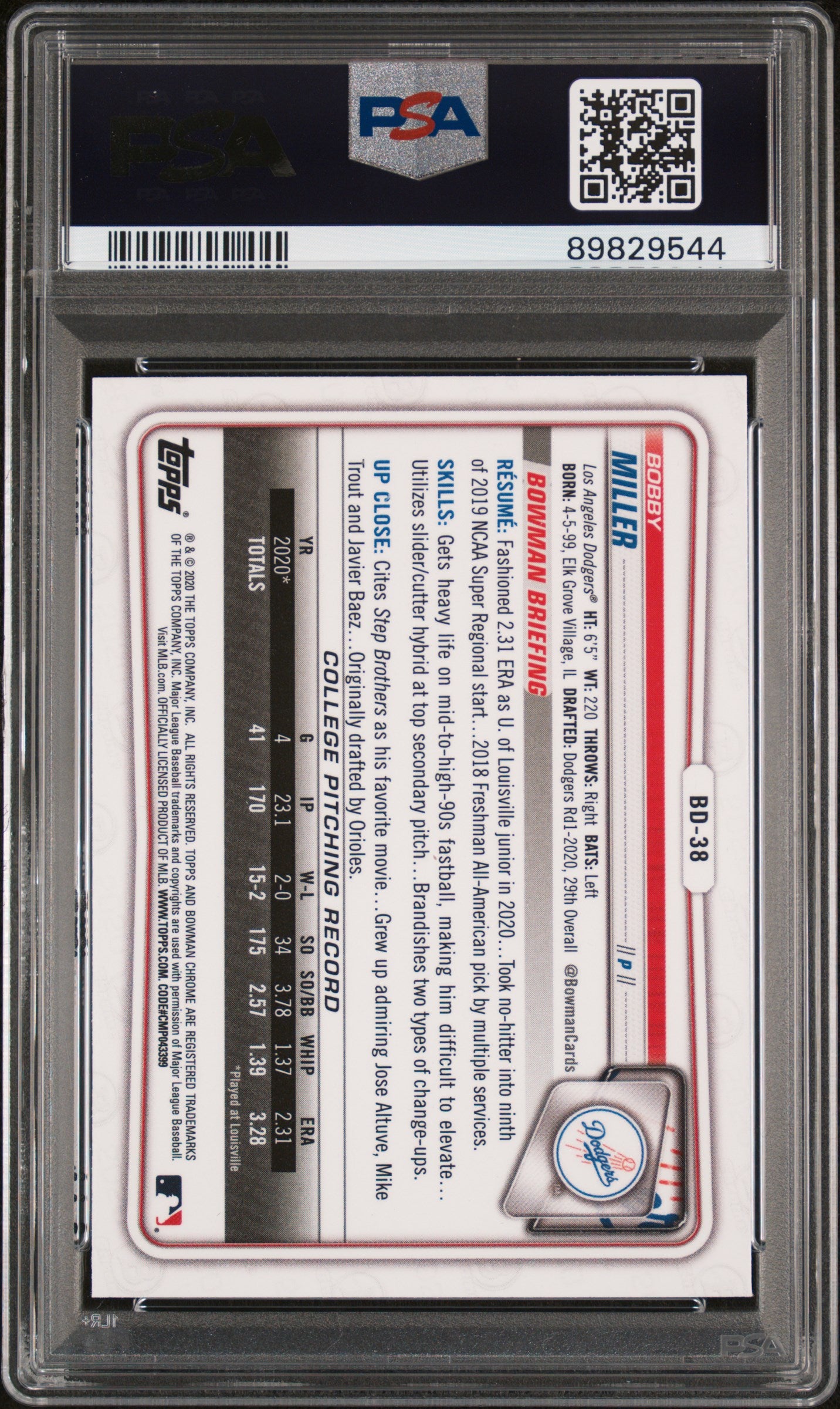 2020 Bowman Draft Chrome Sapphire Edition #BD38 Bobby Miller PSA 10