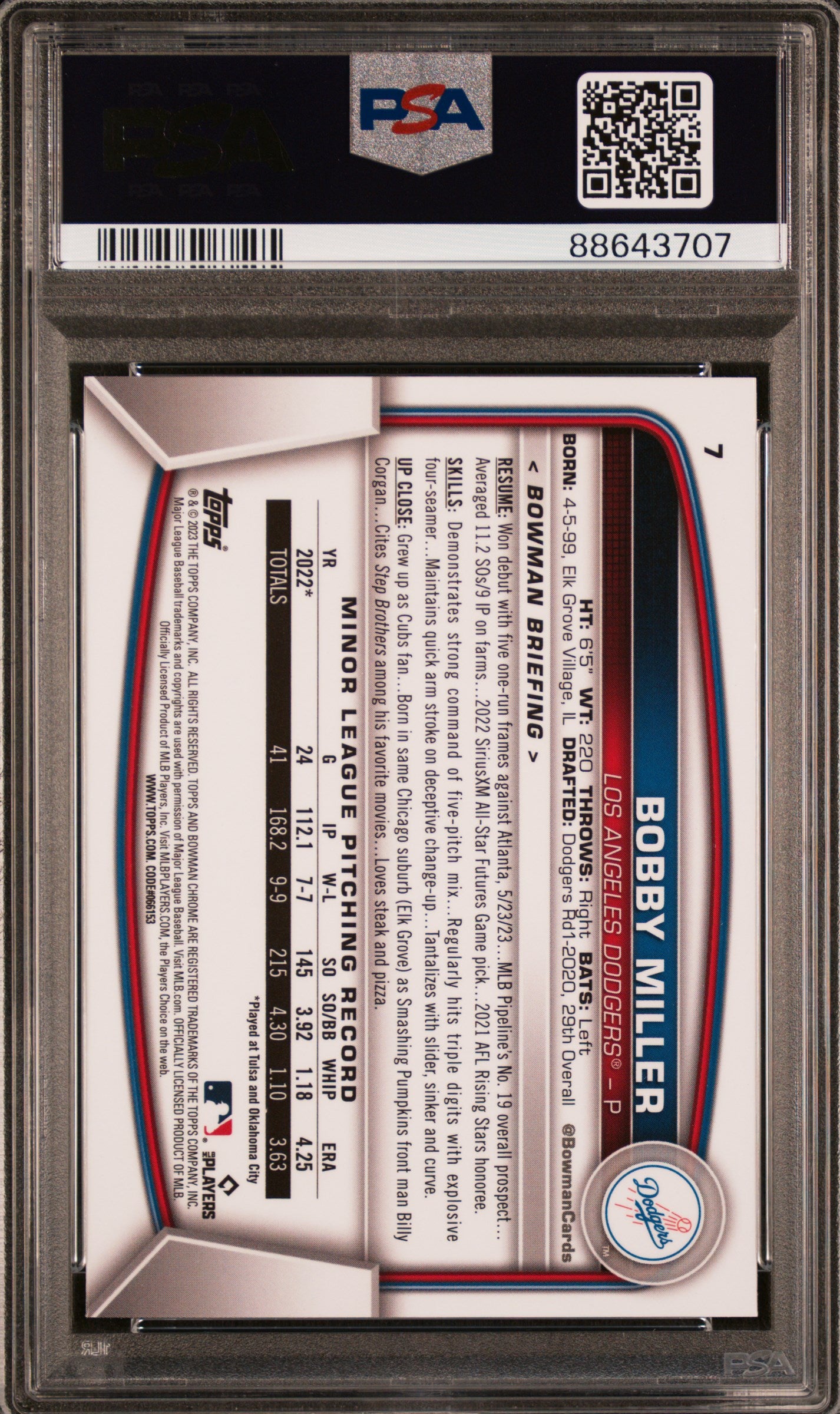 2023 Bowman Chrome Sapphire Edition #7 Bobby Miller PSA 10