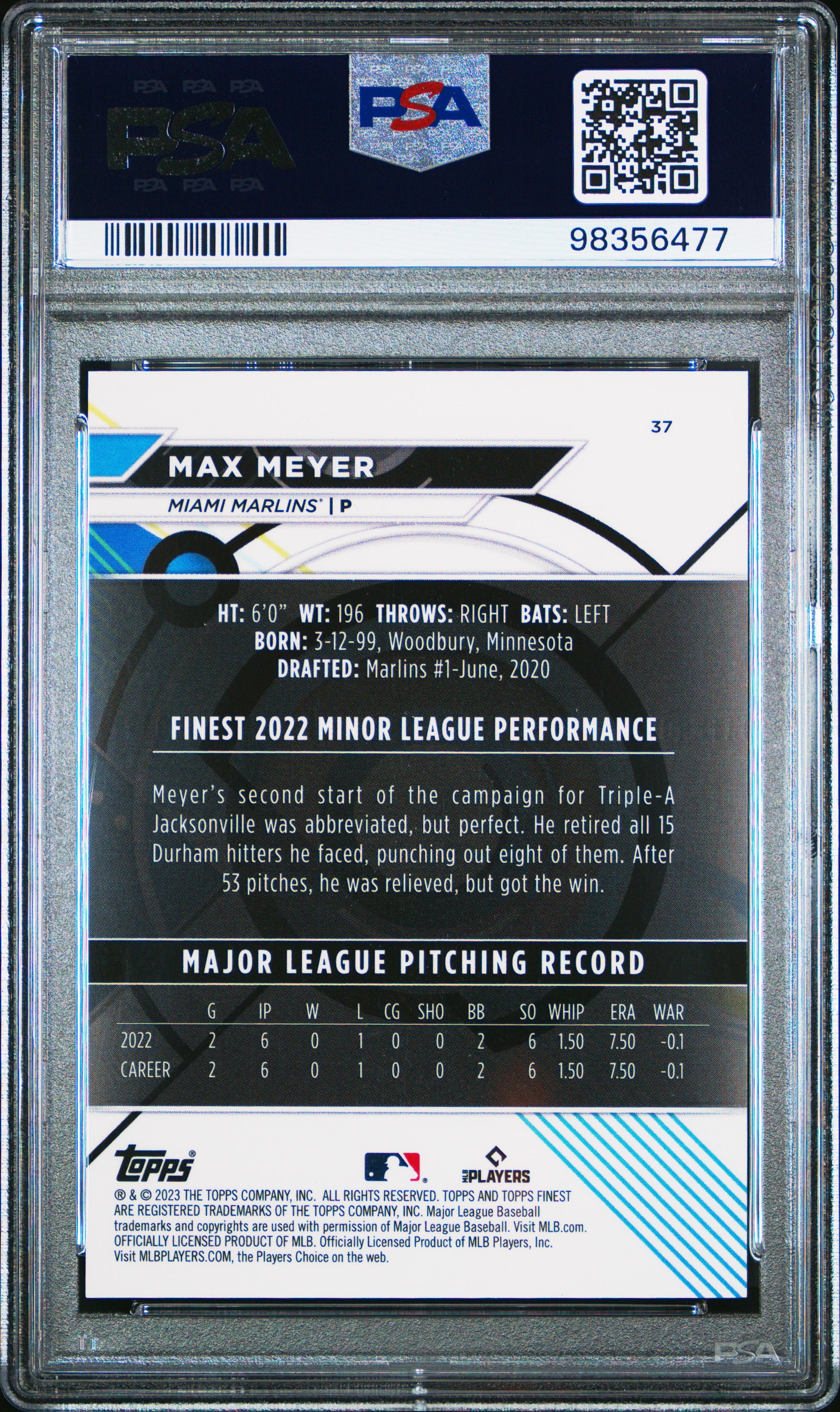 2023 Topps Finest #37 Max Meyer Green Speckle PSA 10