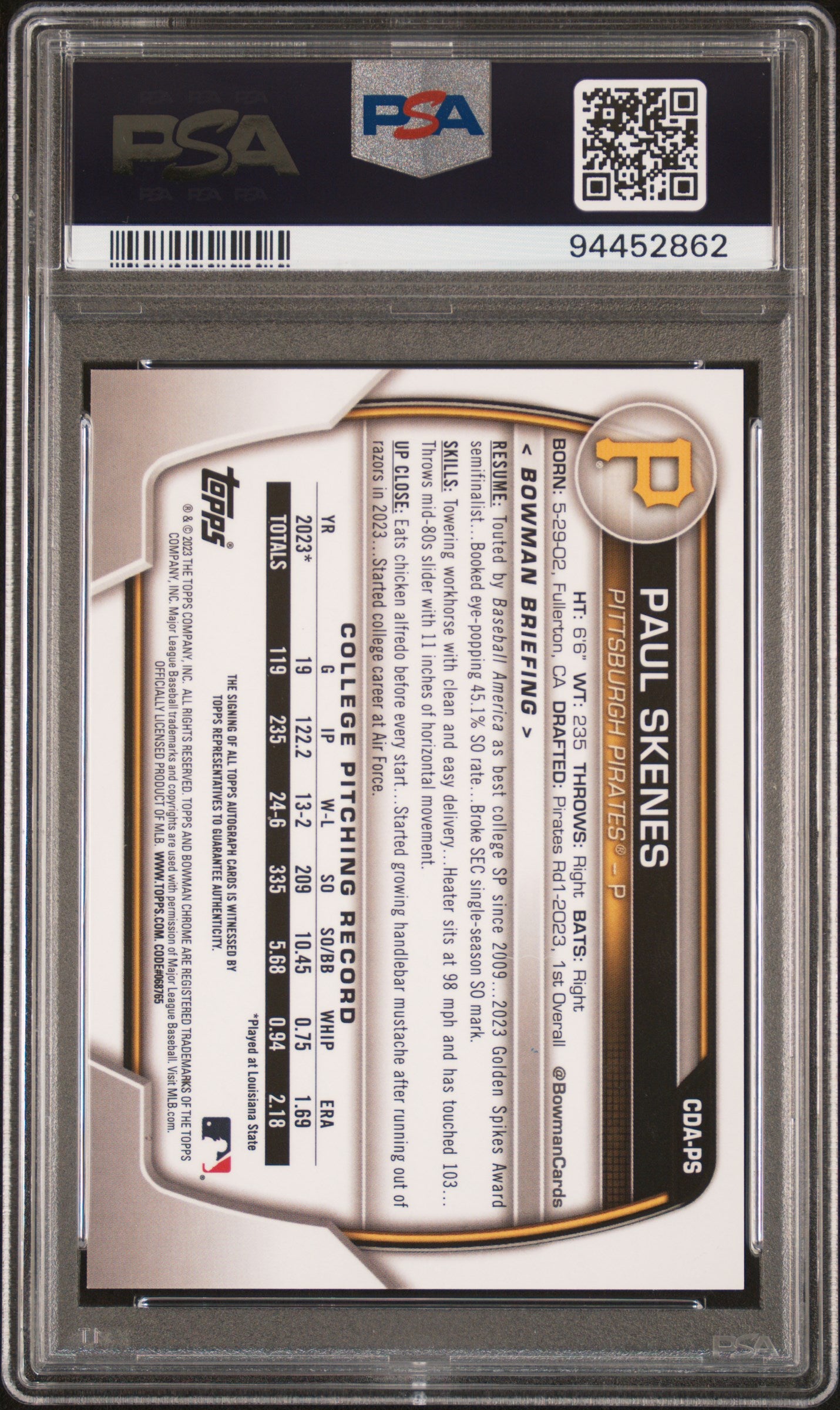 2023 Bowman Draft Chrome Prospect Autograph #CDAPS Paul Skenes PSA 9