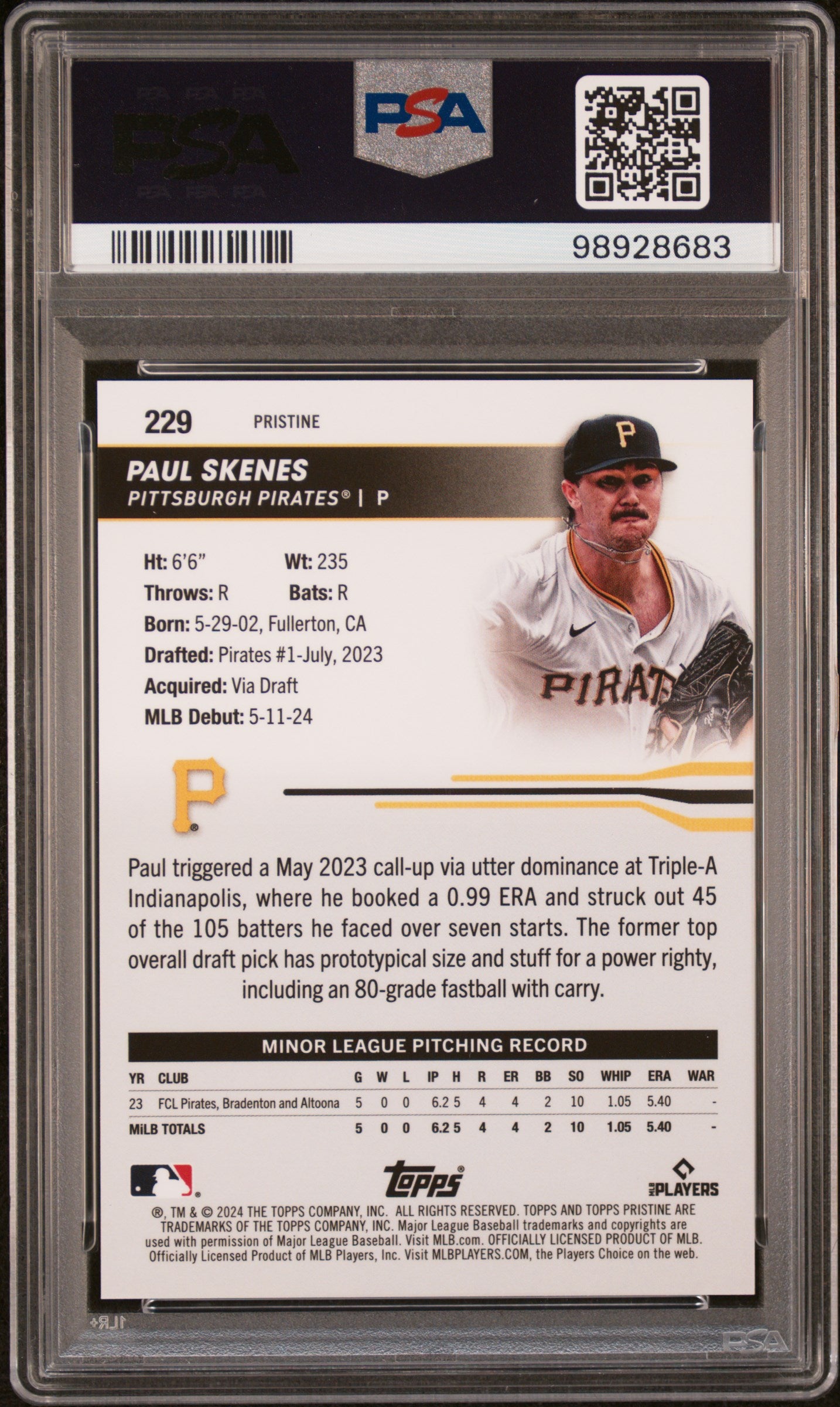 2024 Topps Pristine #229 Paul Skenes Pristine Purple/99 PSA 10