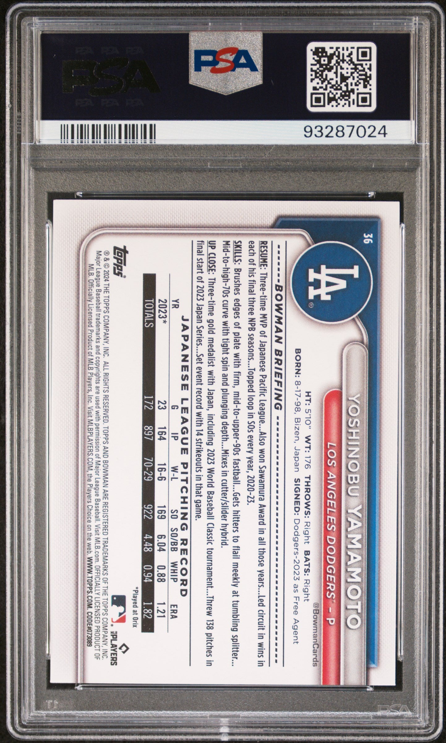 2024 Bowman #36 Yoshinobu Yamamoto PSA 10