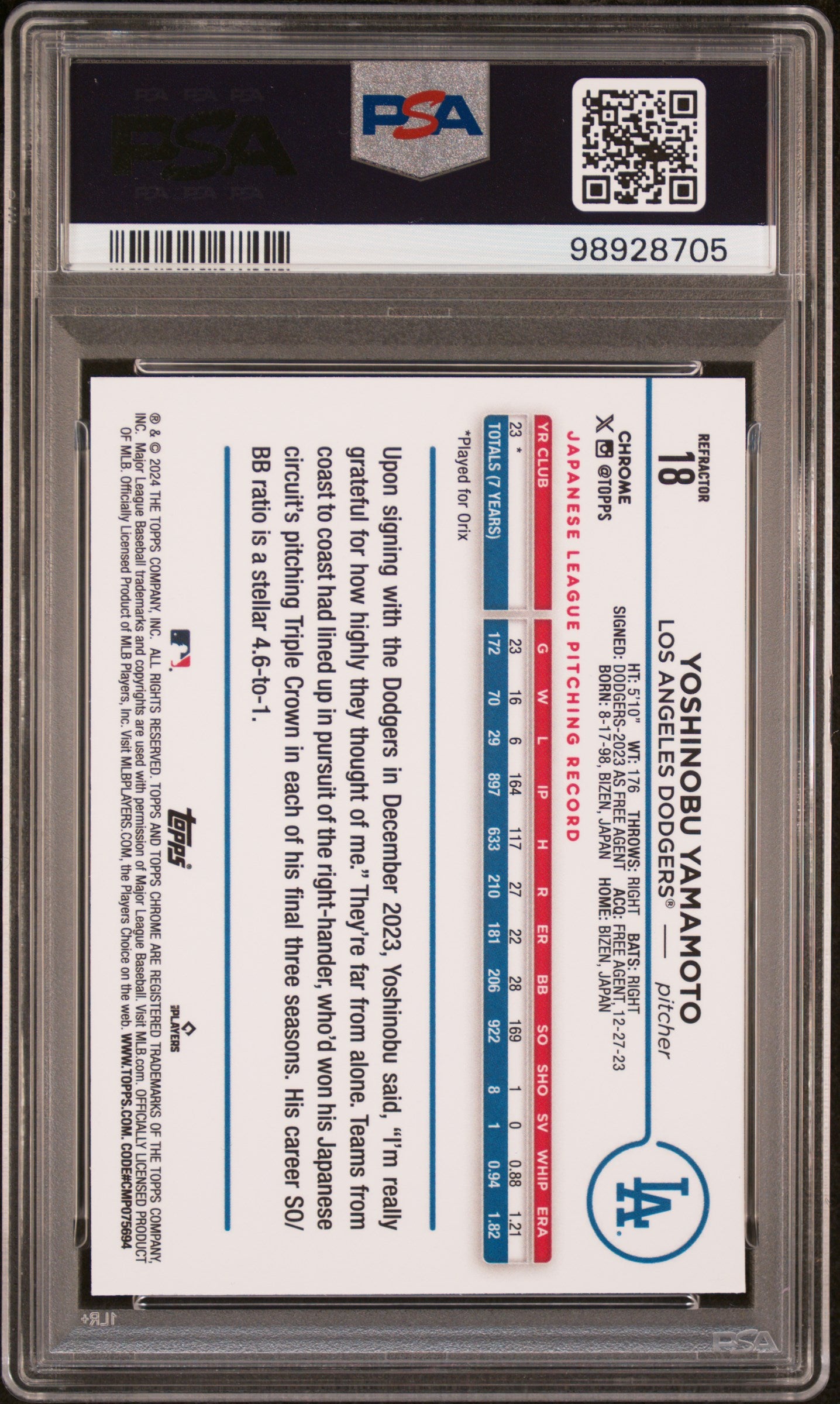2024 Topps Chrome #18 Yoshinobu Yamamoto Refractor PSA 9