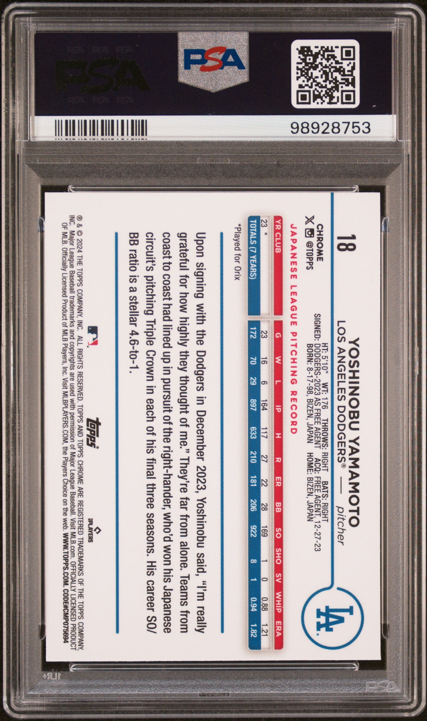 2024 Topps Chrome #18 Yoshinobu Yamamoto PSA 9