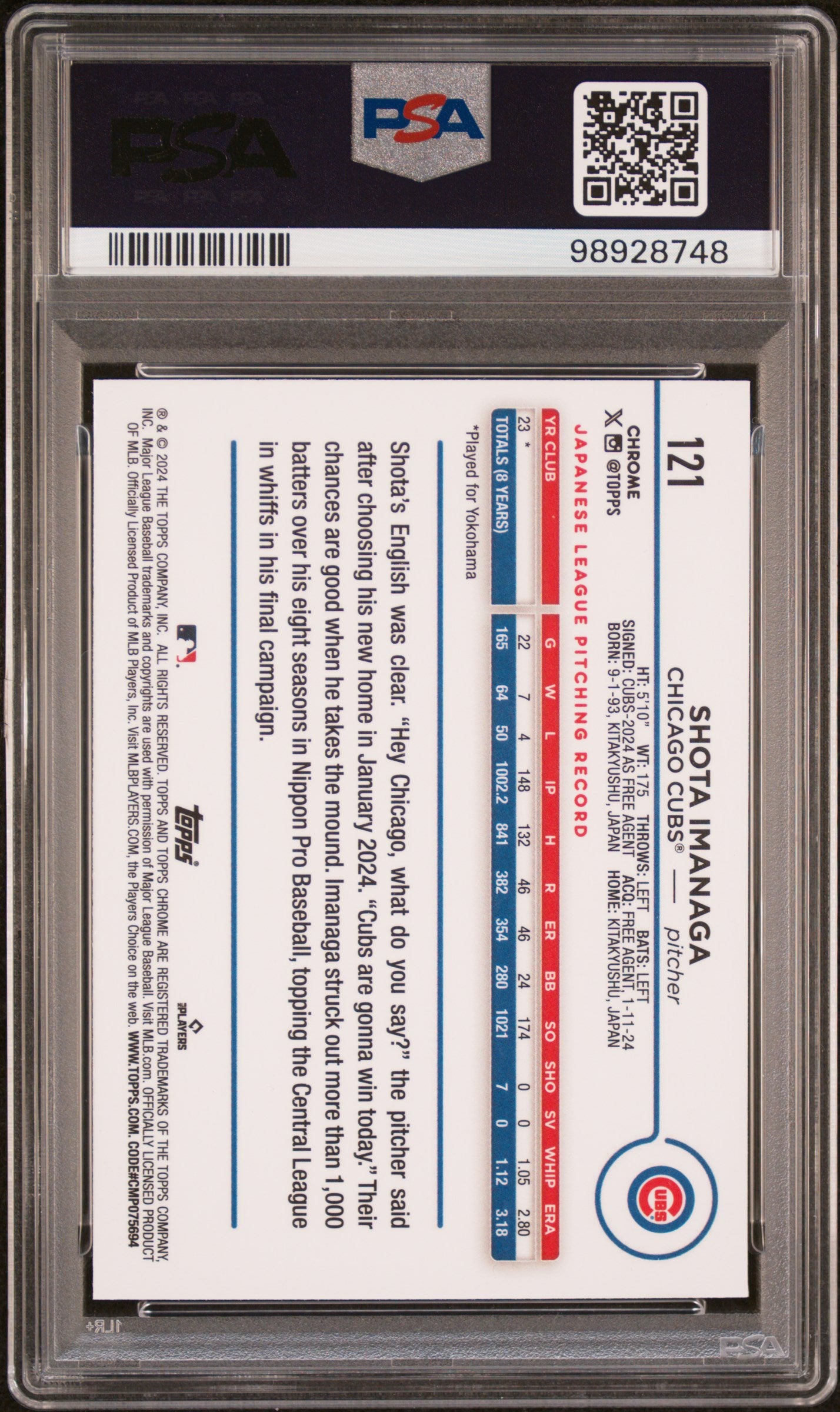 2024 Topps Chrome #121 Shota Imanaga PSA 10