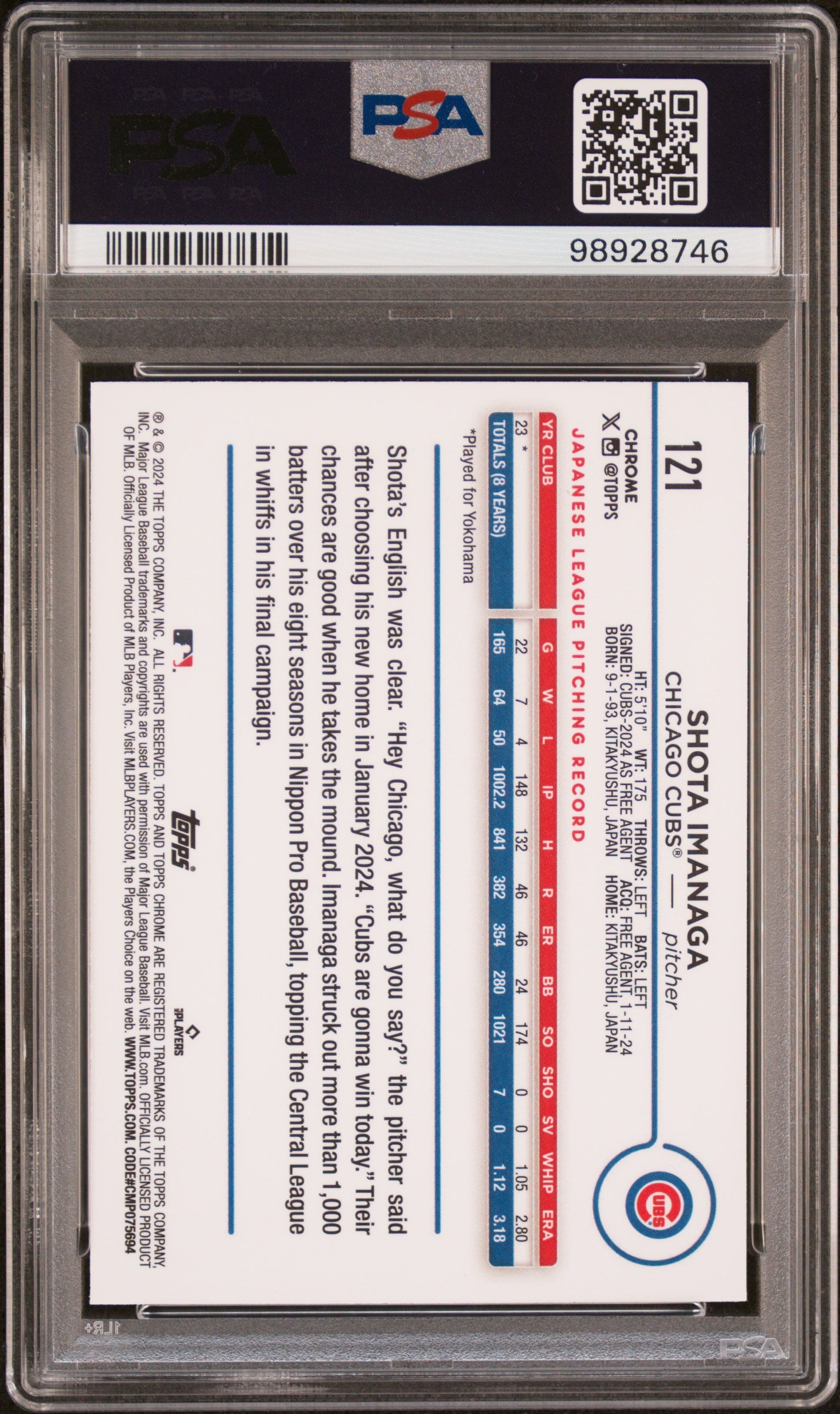 2024 Topps Chrome #121 Shota Imanaga PSA 10
