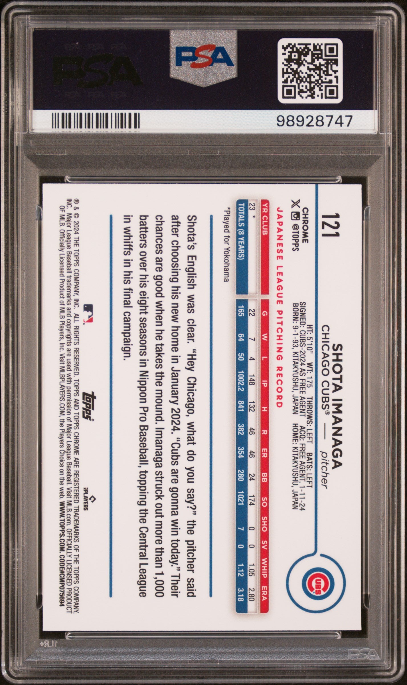2024 Topps Chrome #121 Shota Imanaga PSA 10