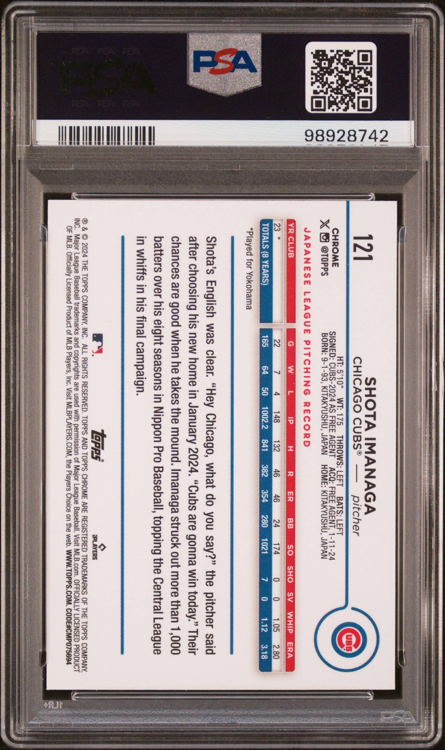 2024 Topps Chrome #121 Shota Imanaga PSA 9