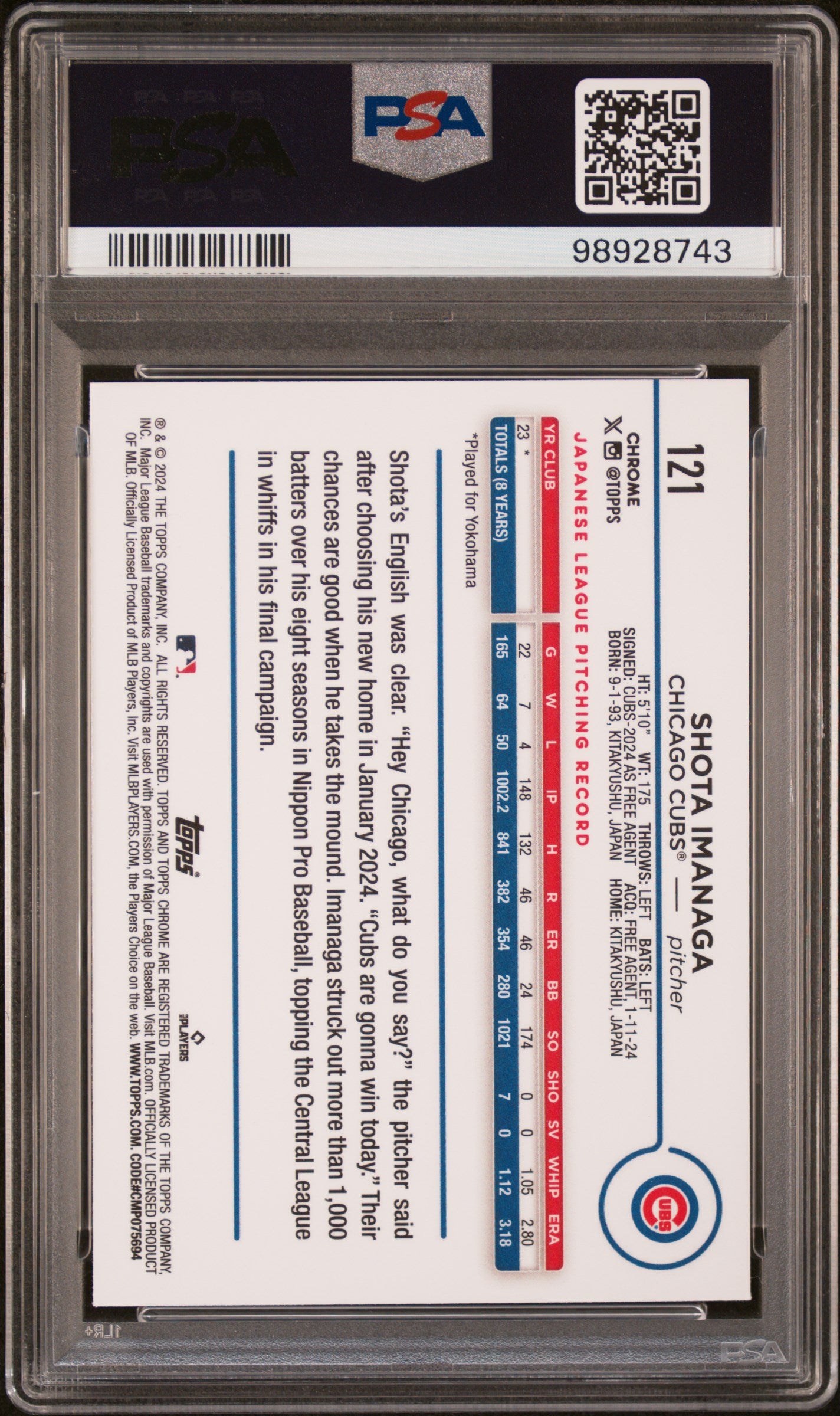 2024 Topps Chrome #121 Shota Imanaga PSA 9