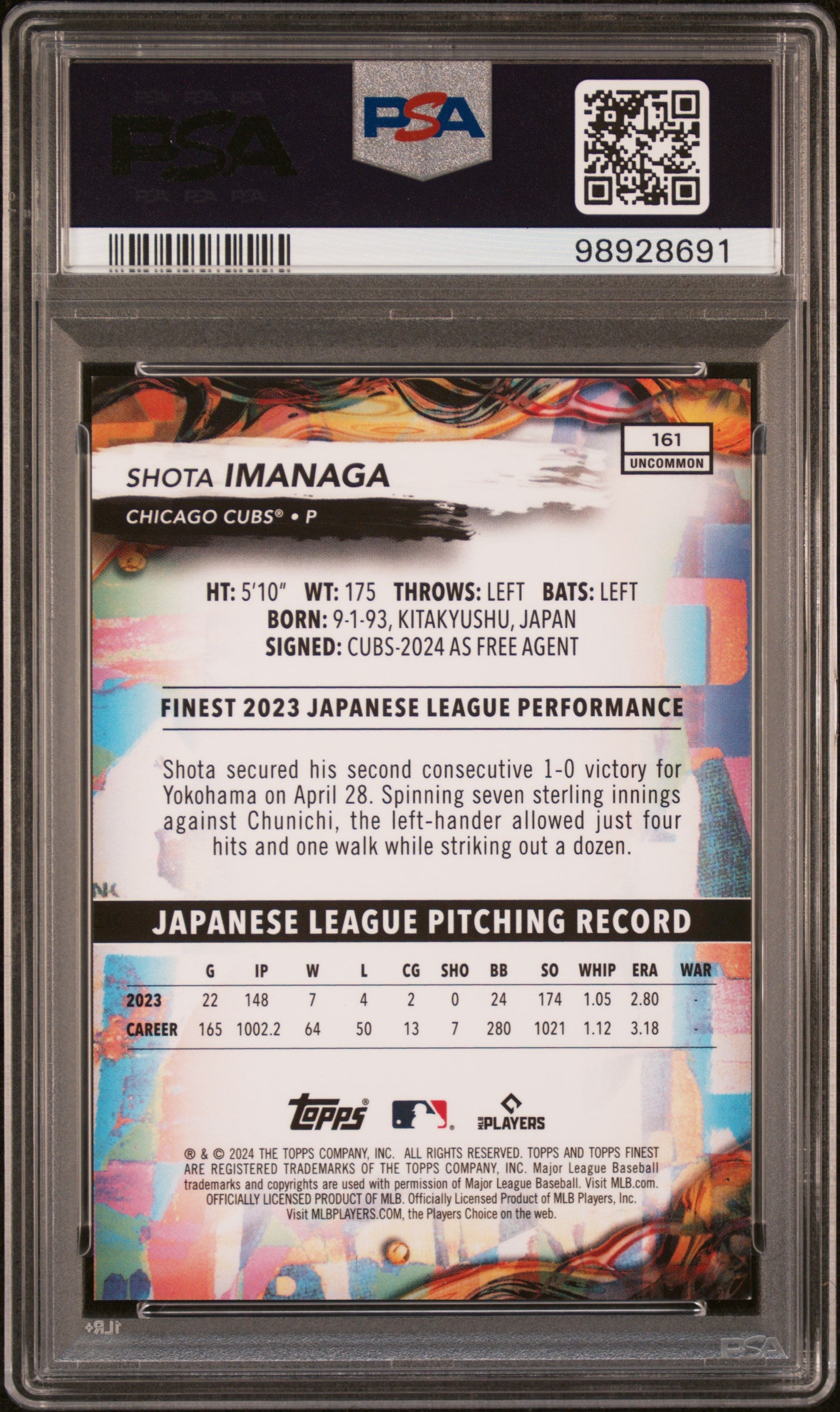 2024 Topps Finest #161 Shota Imanaga Purple Checkerboard Ref/99 PSA 9