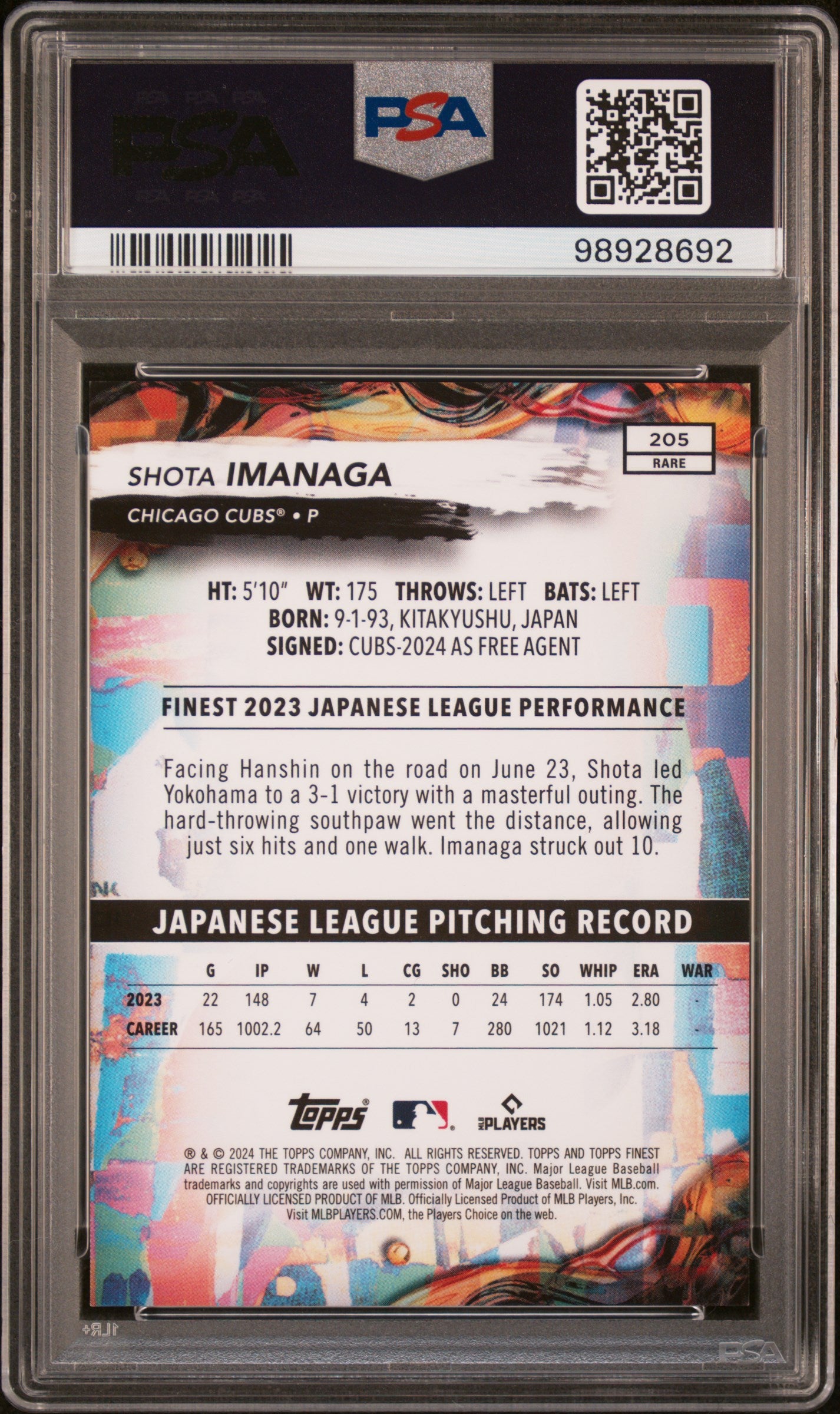 2024 Topps Finest #205 Shota Imanaga Blue Checkerboard Ref/49 PSA 9