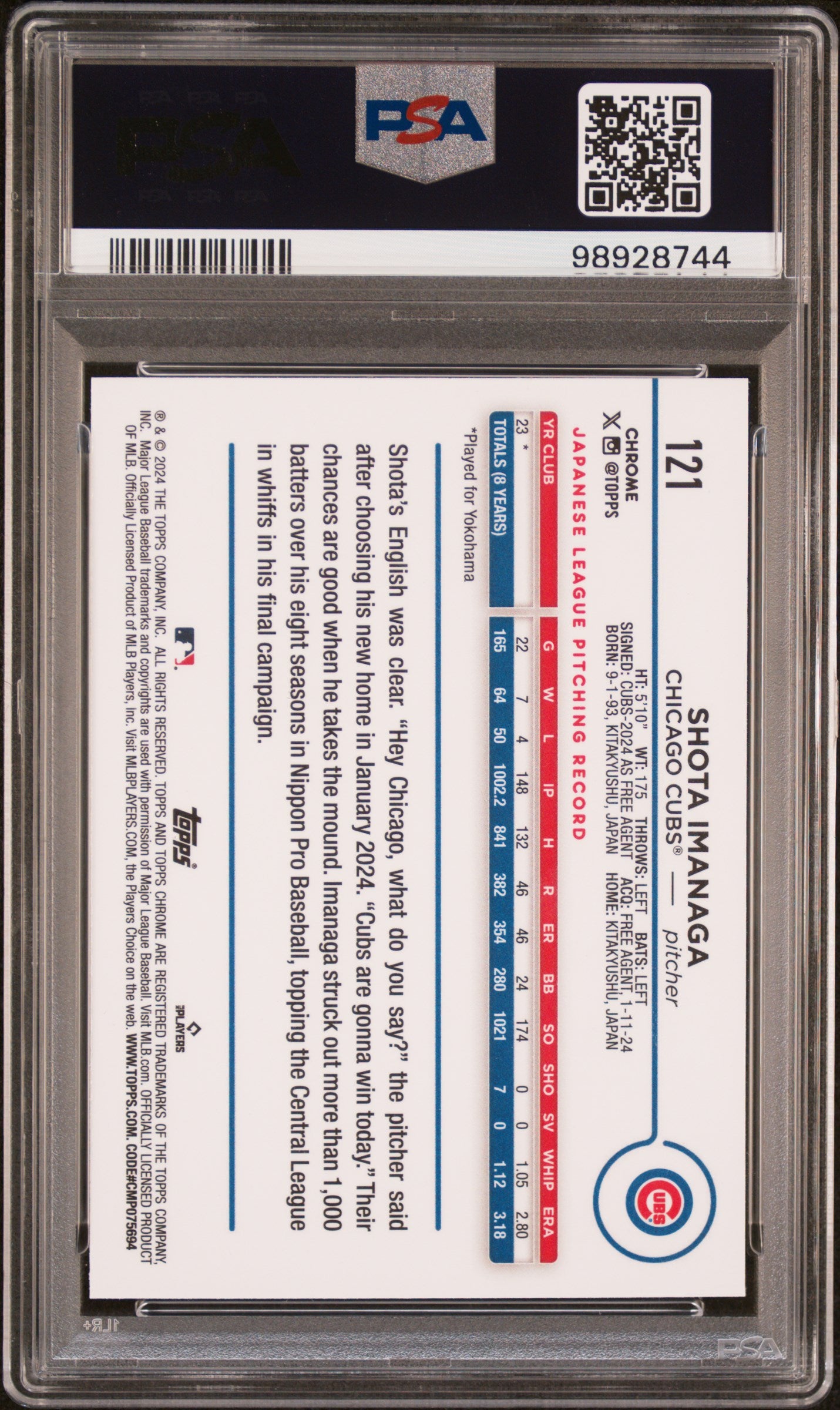 2024 Topps Chrome #121 Shota Imanaga PSA 9