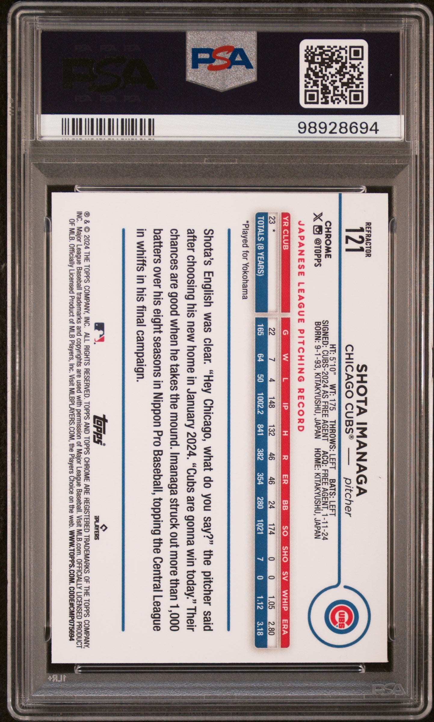 2024 Topps Chrome #121 Shota Imanaga Refractor PSA 8