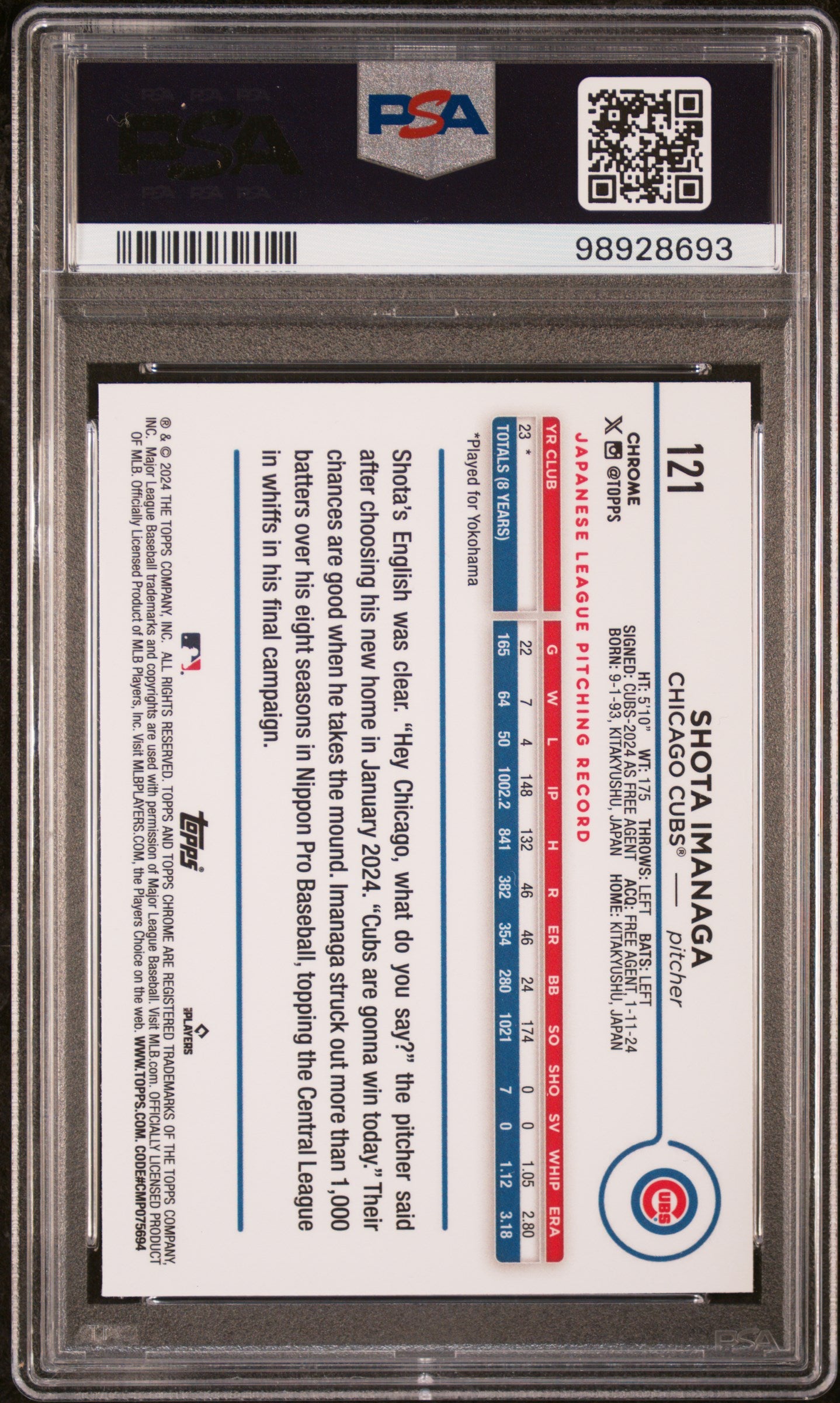 2024 Topps Chrome #121 Shota Imanaga Prism Refractor PSA 10