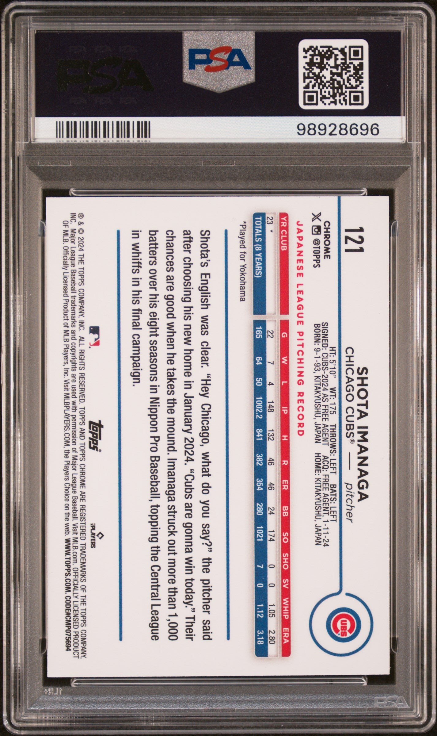 2024 Topps Chrome #121 Shota Imanaga Raywave PSA 10