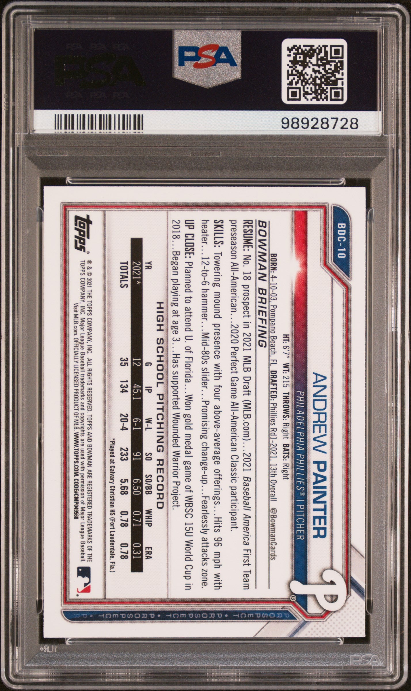 2021 Bowman Draft #BDC10 Andrew Painter Chrome PSA 9