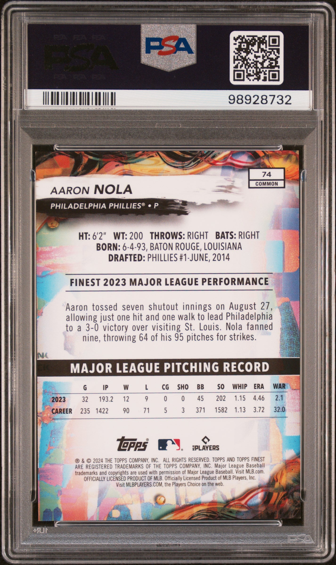 2024 Topps Finest #74 Aaron Nola Sky Blue Refractor PSA 9