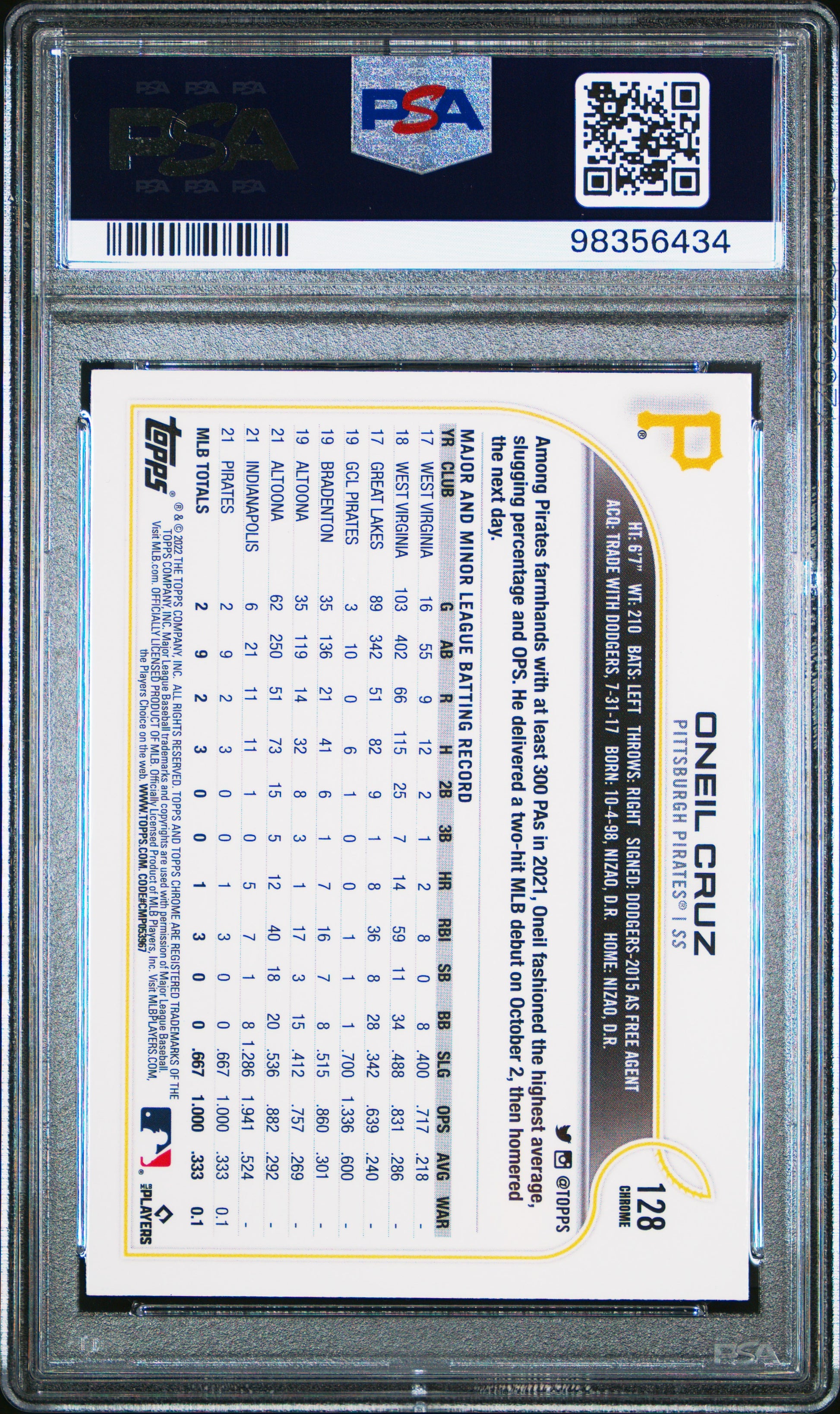 2022 Topps Chrome #128 Oneil Cruz Prism Refractor PSA 10