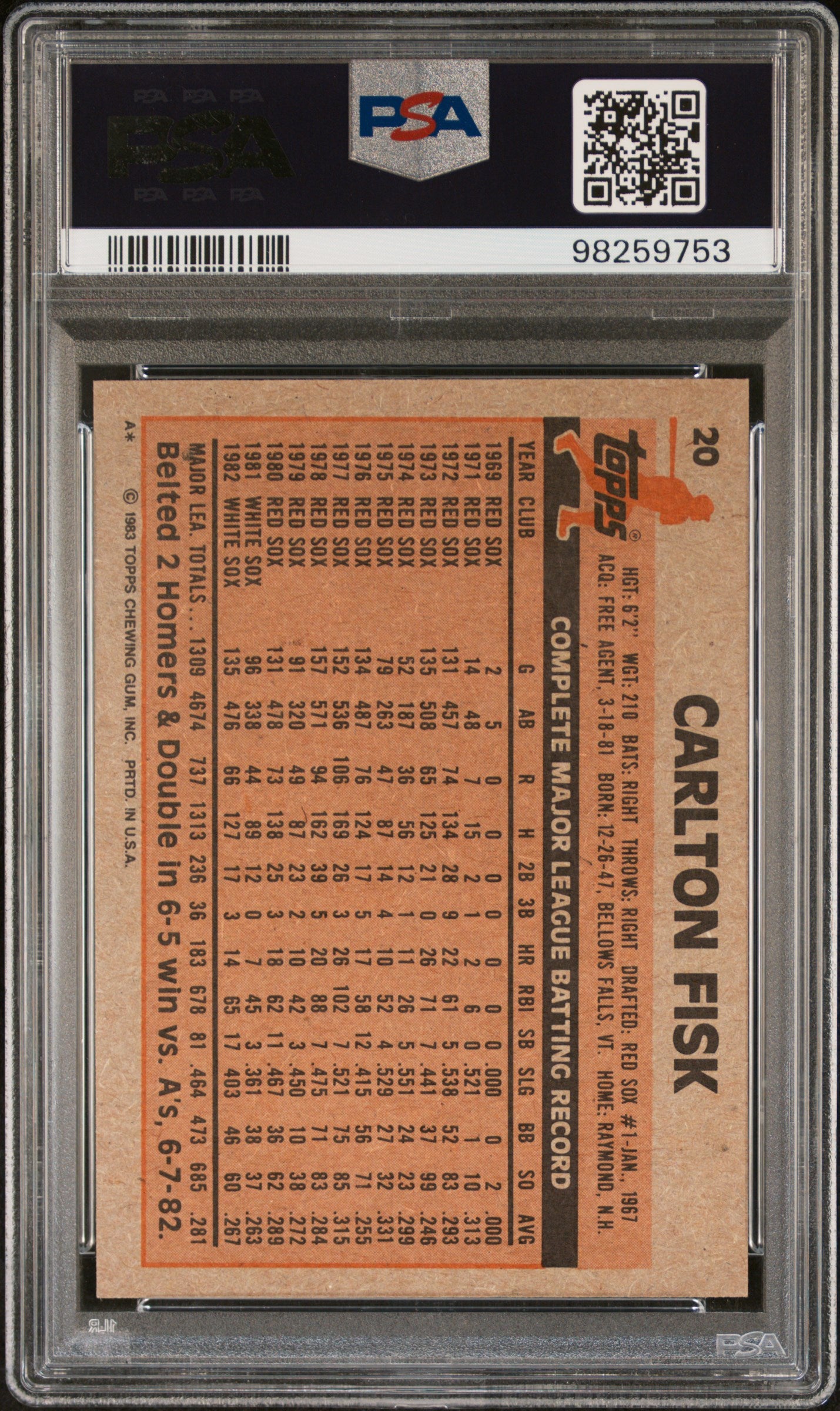 1983 Topps #20 Carlton Fisk PSA 7