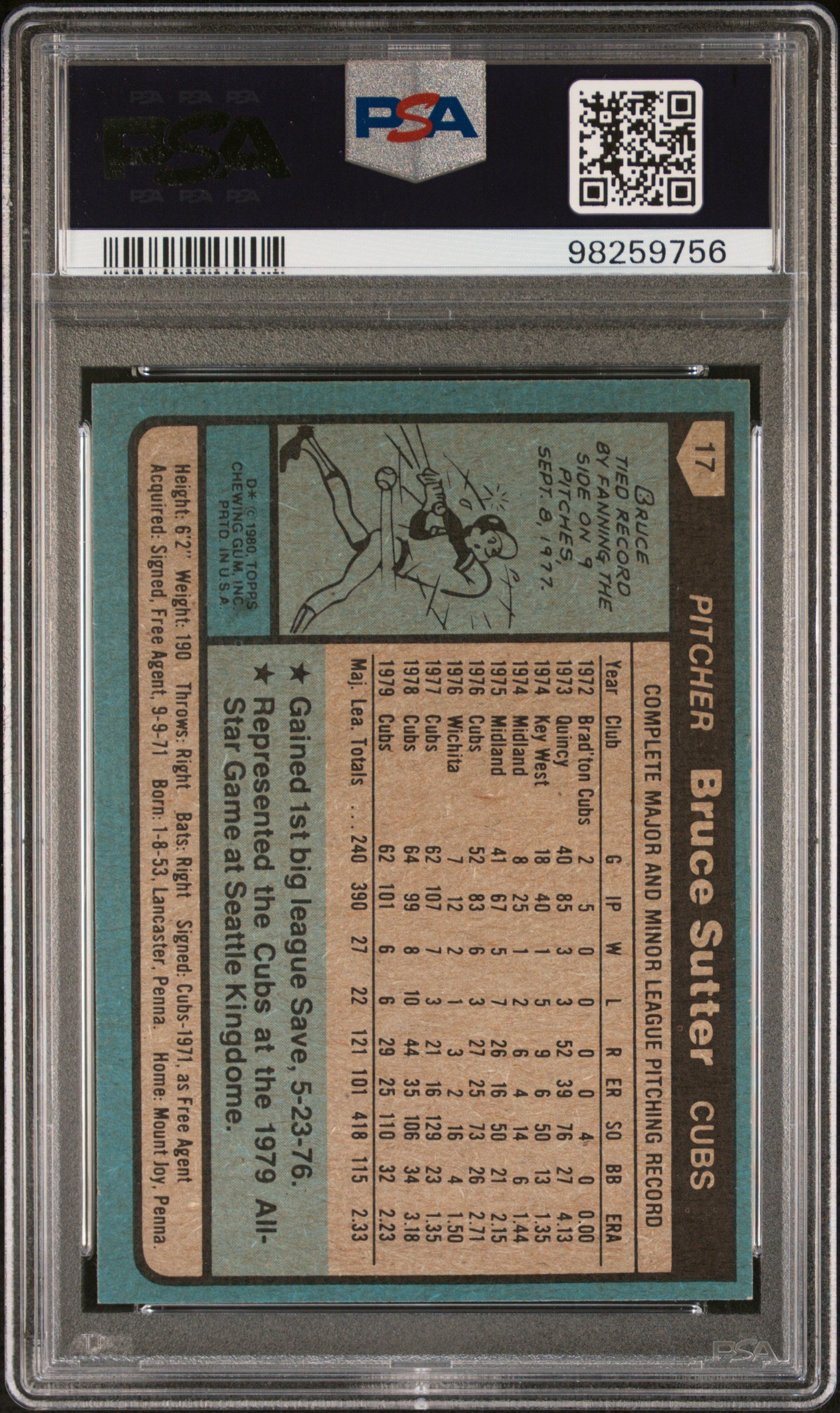 1980 Topps #17 Bruce Sutter PSA 6