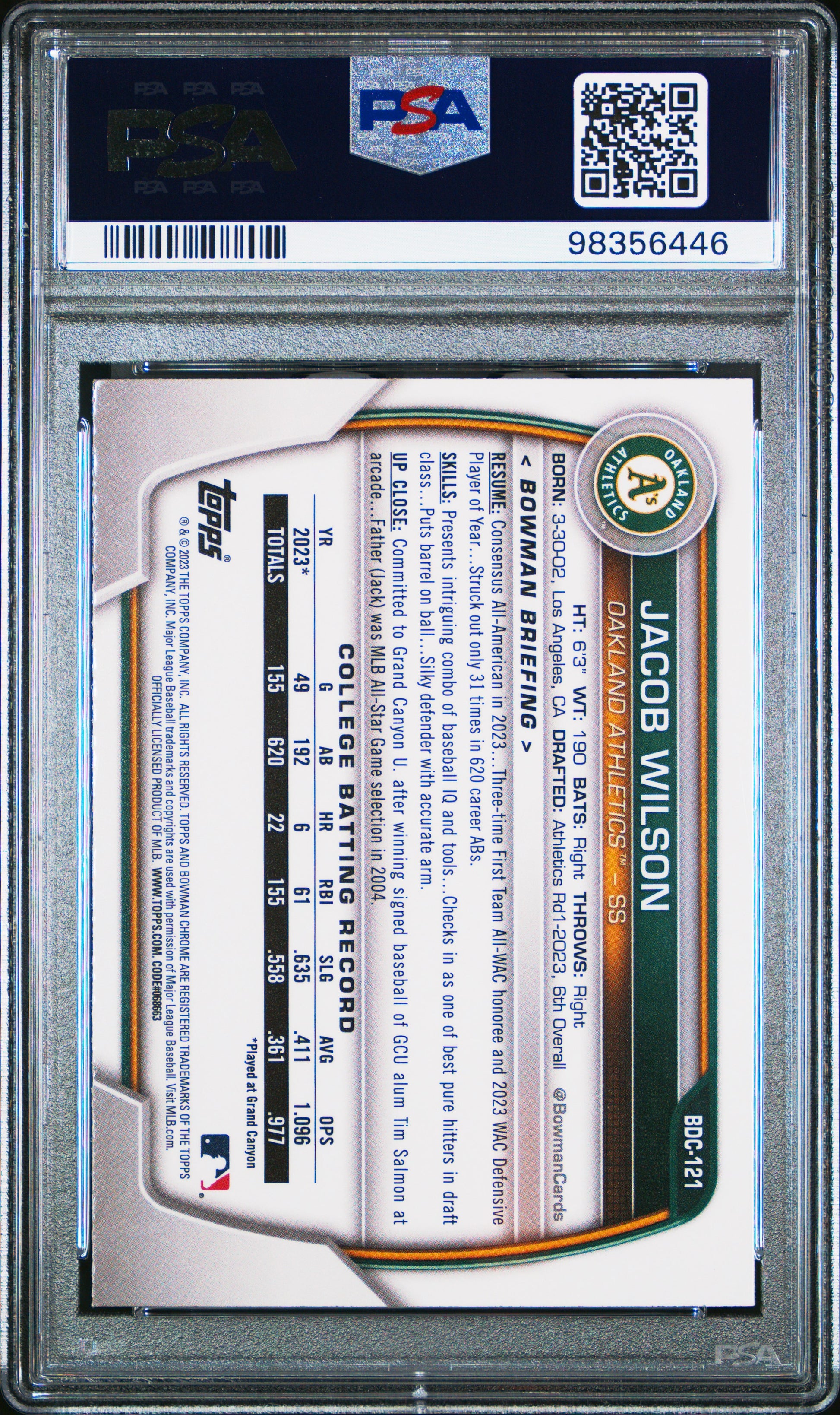 2023 Bowman Draft #BDC121 Jacob Wilson Chrome PSA 10