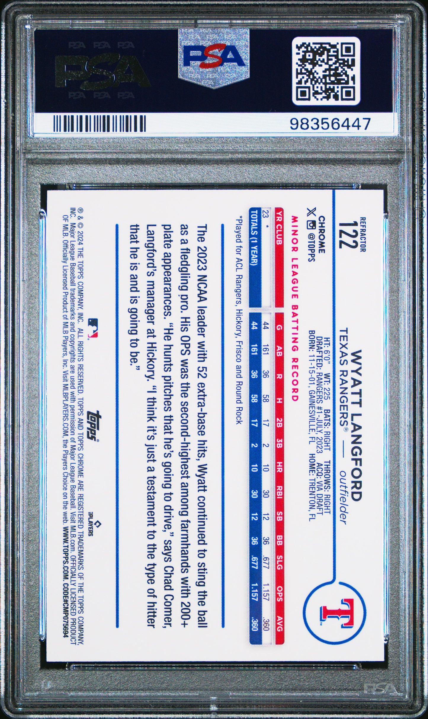 2024 Topps Chrome #122 Wyatt Langford Refractor PSA 9