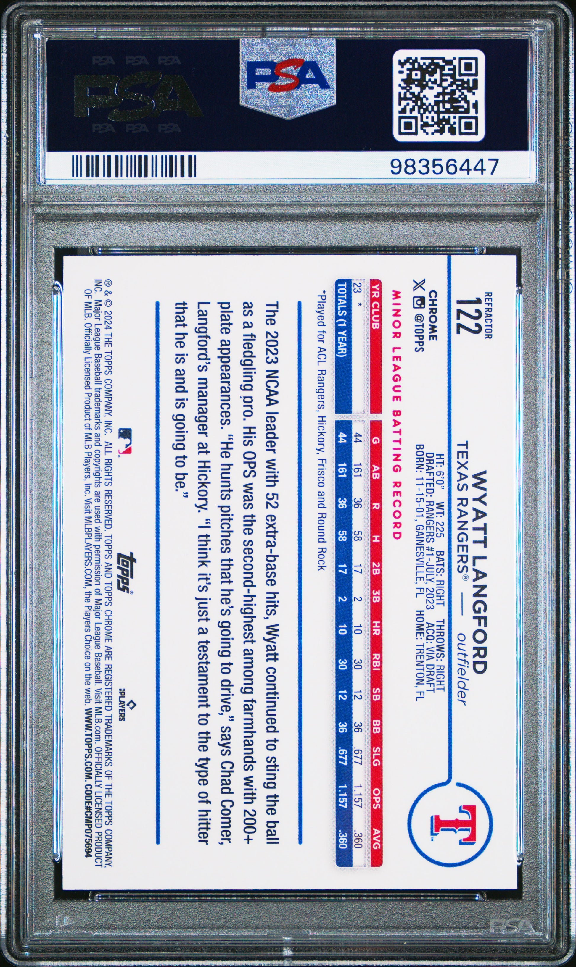 2024 Topps Chrome #122 Wyatt Langford Refractor PSA 9