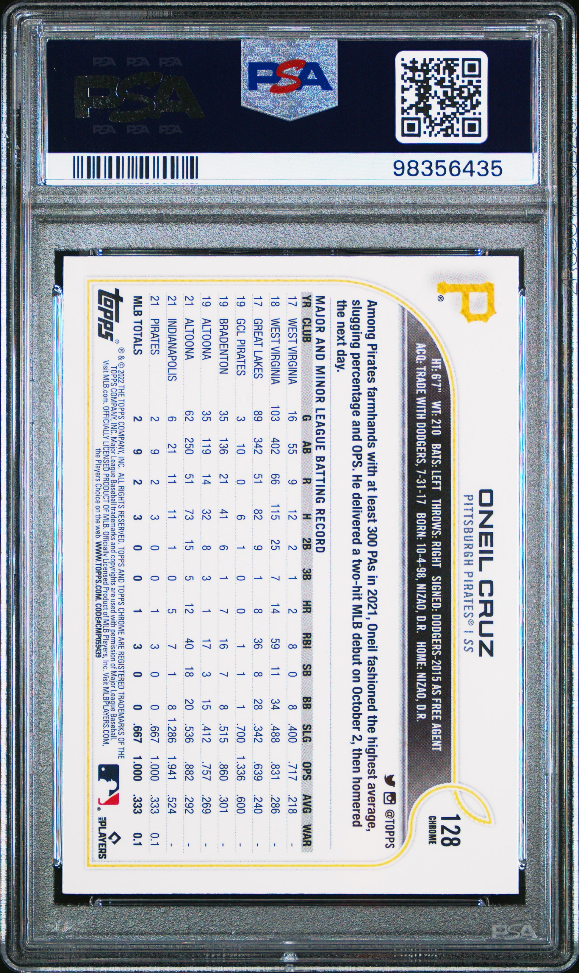 2022 Topps Chrome Sonic #128 Oneil Cruz PSA 9