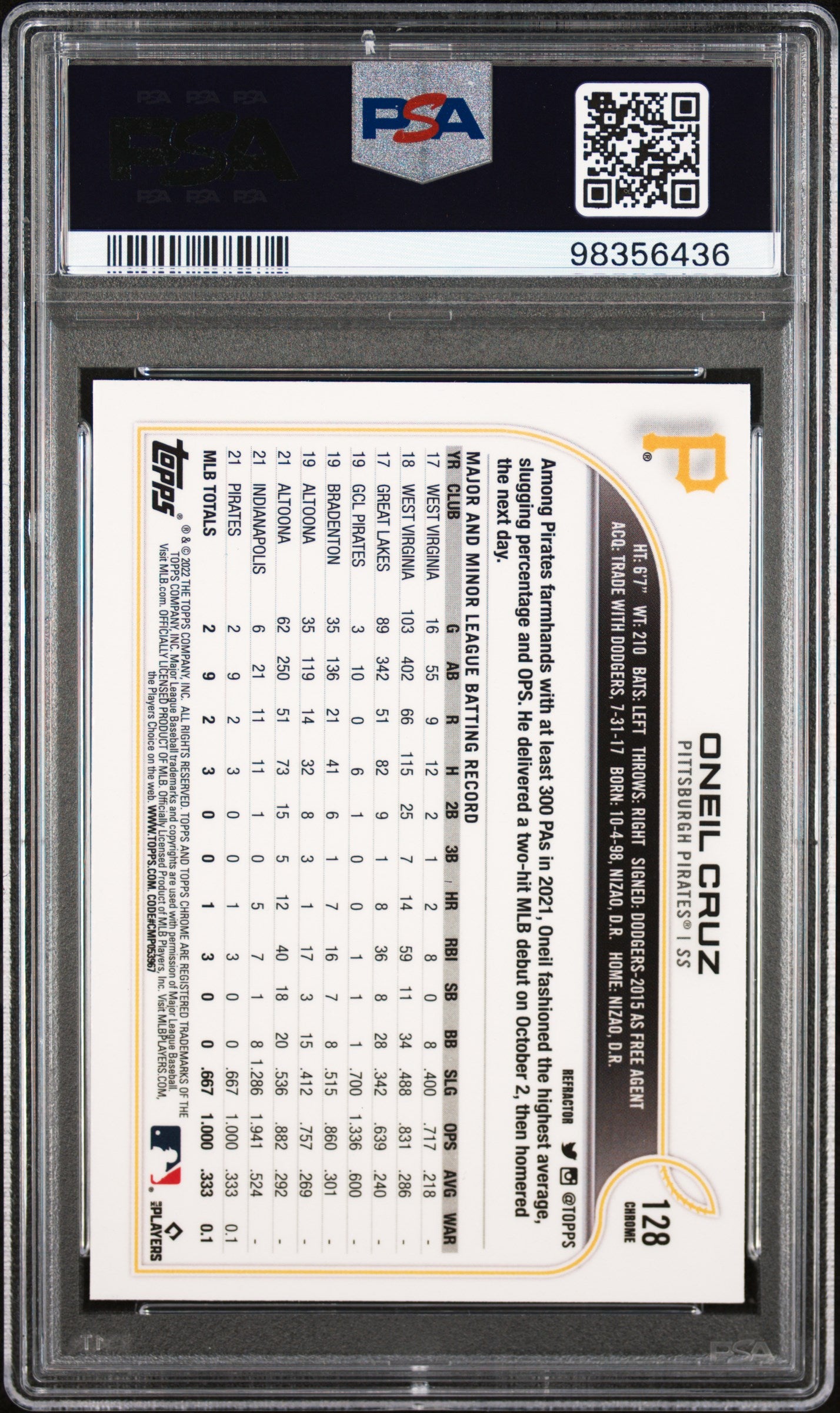 2022 Topps Chrome #128 Oneil Cruz Refractor PSA 9