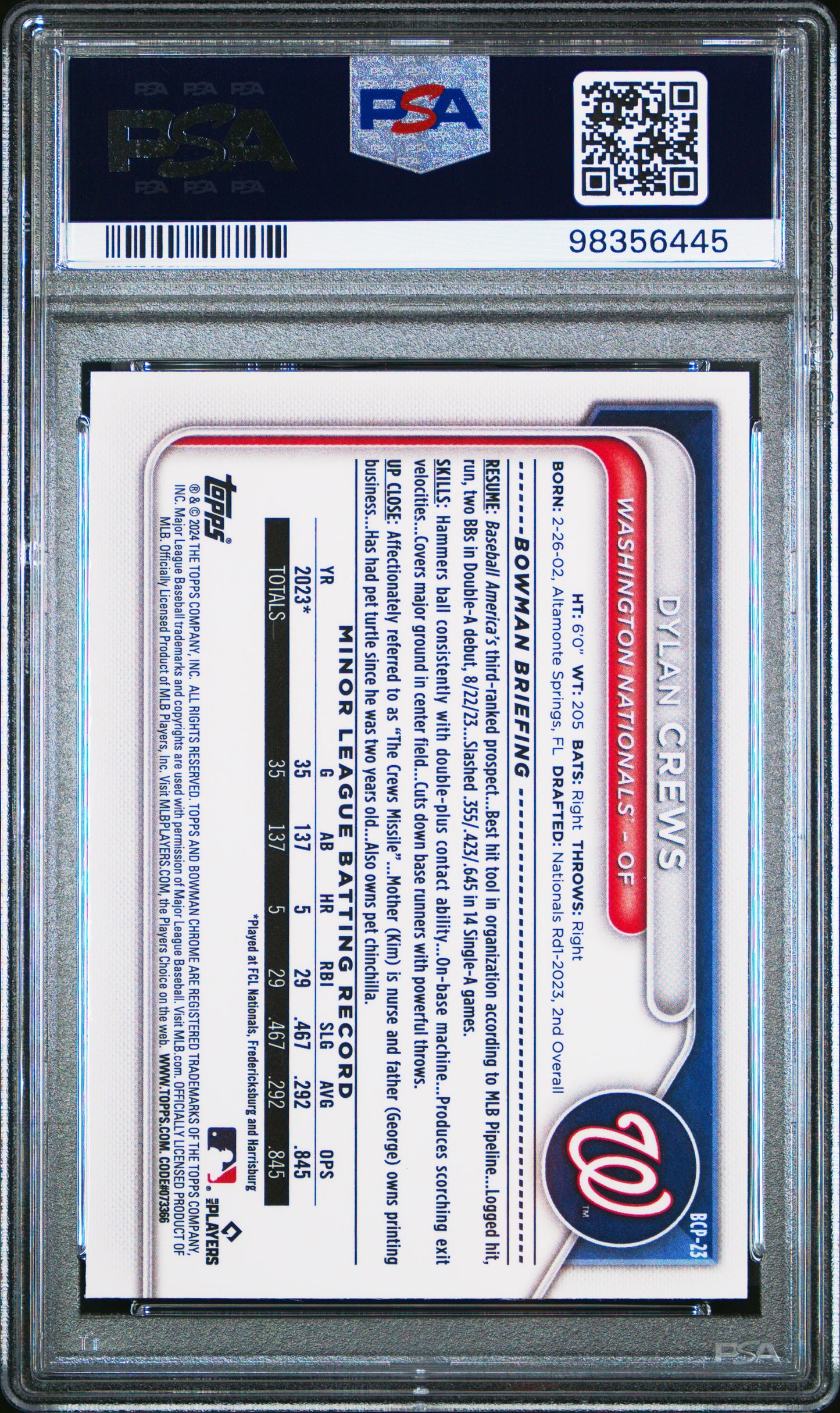 2024 Bowman Mega Box Chrome Prospects #23 Dylan Crews PSA 10 SKU200082