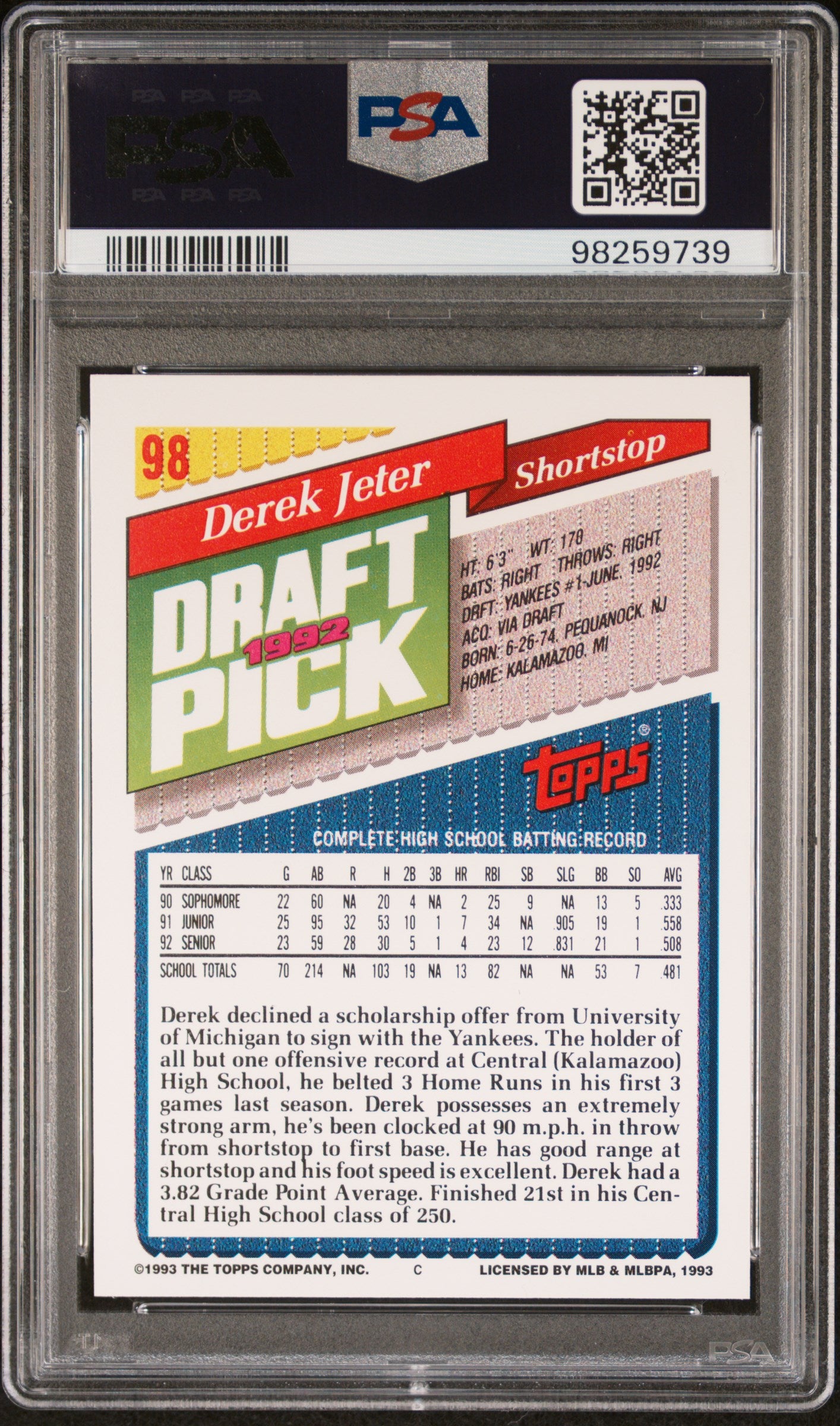 1993 Topps #98 Derek Jeter PSA 7