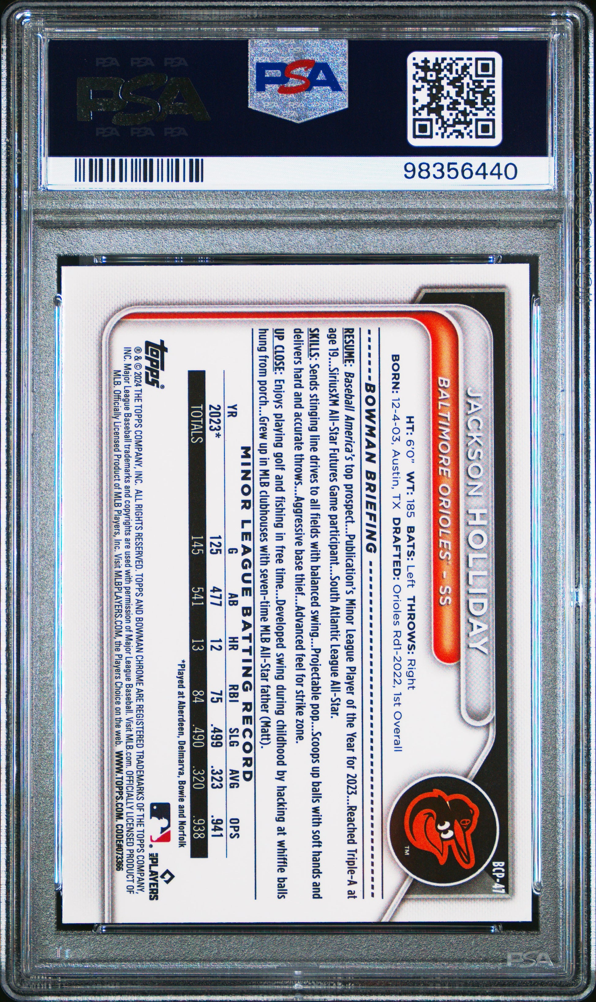 2024 Bowman Mega Box Chrome Prospects #47 Jackson Holliday PSA 10