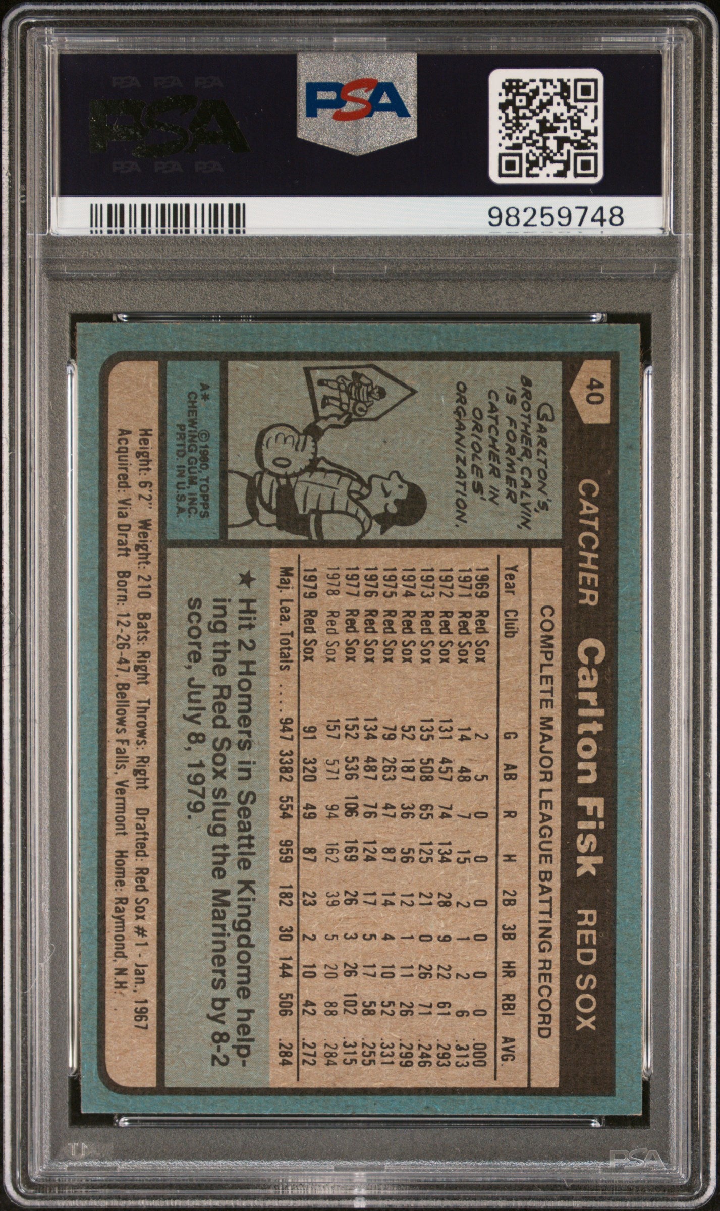1980 Topps #40 Carlton Fisk PSA 8