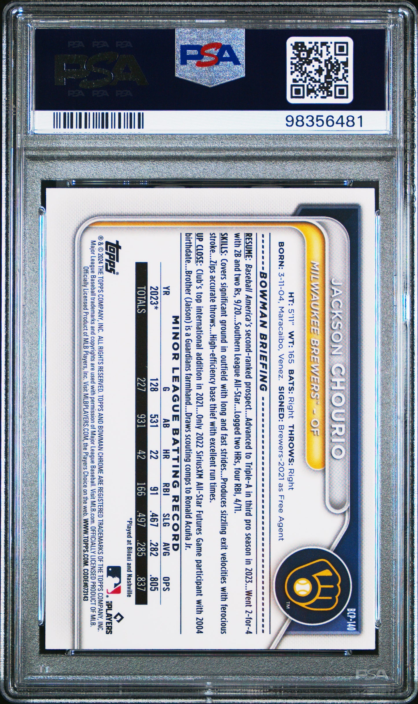 2024 Bowman Chrome Prospects #BCP140 Jackson Chourio-Lunar Glow Ref PSA 10