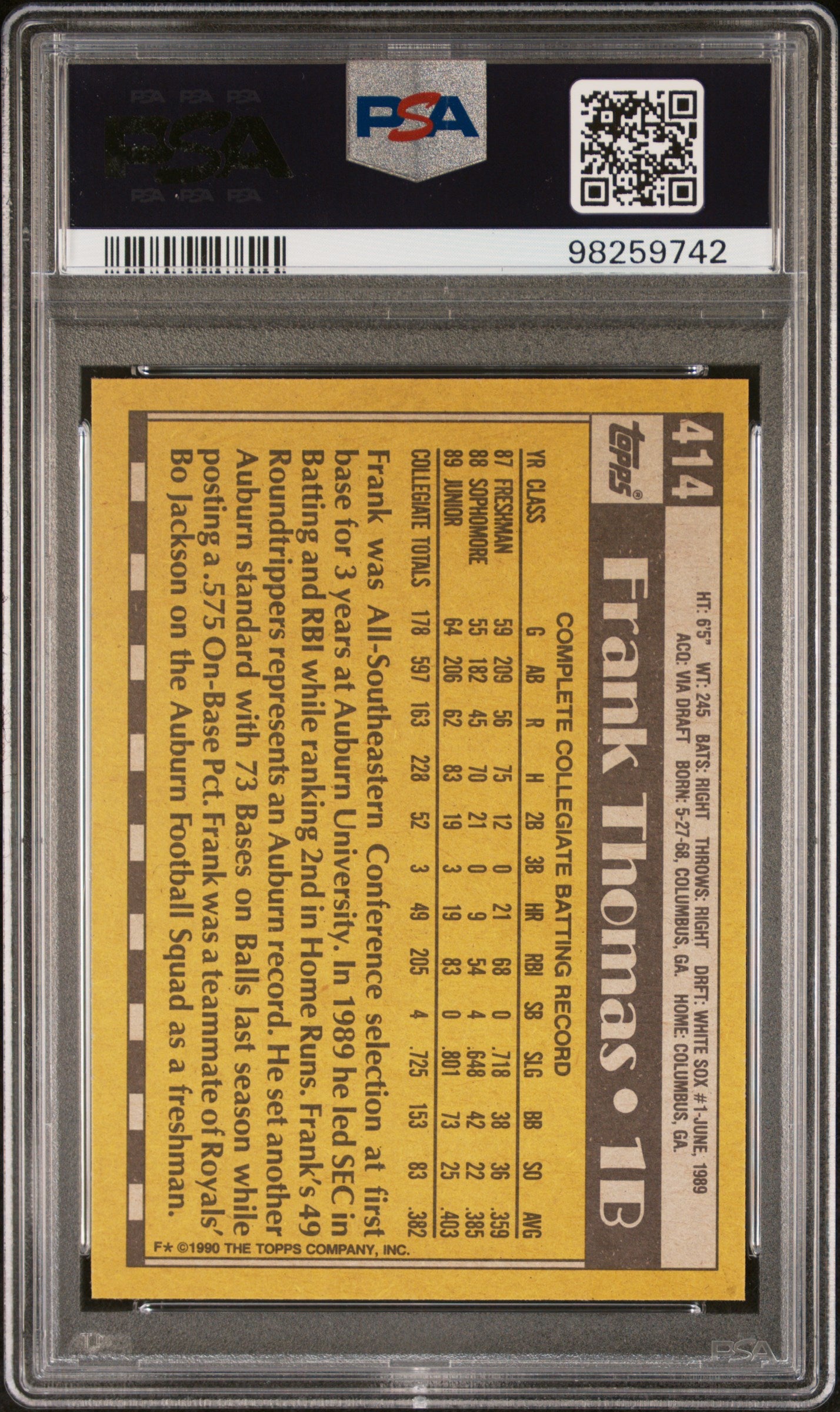 1990 Topps #414 Frank Thomas Name On Front PSA 9
