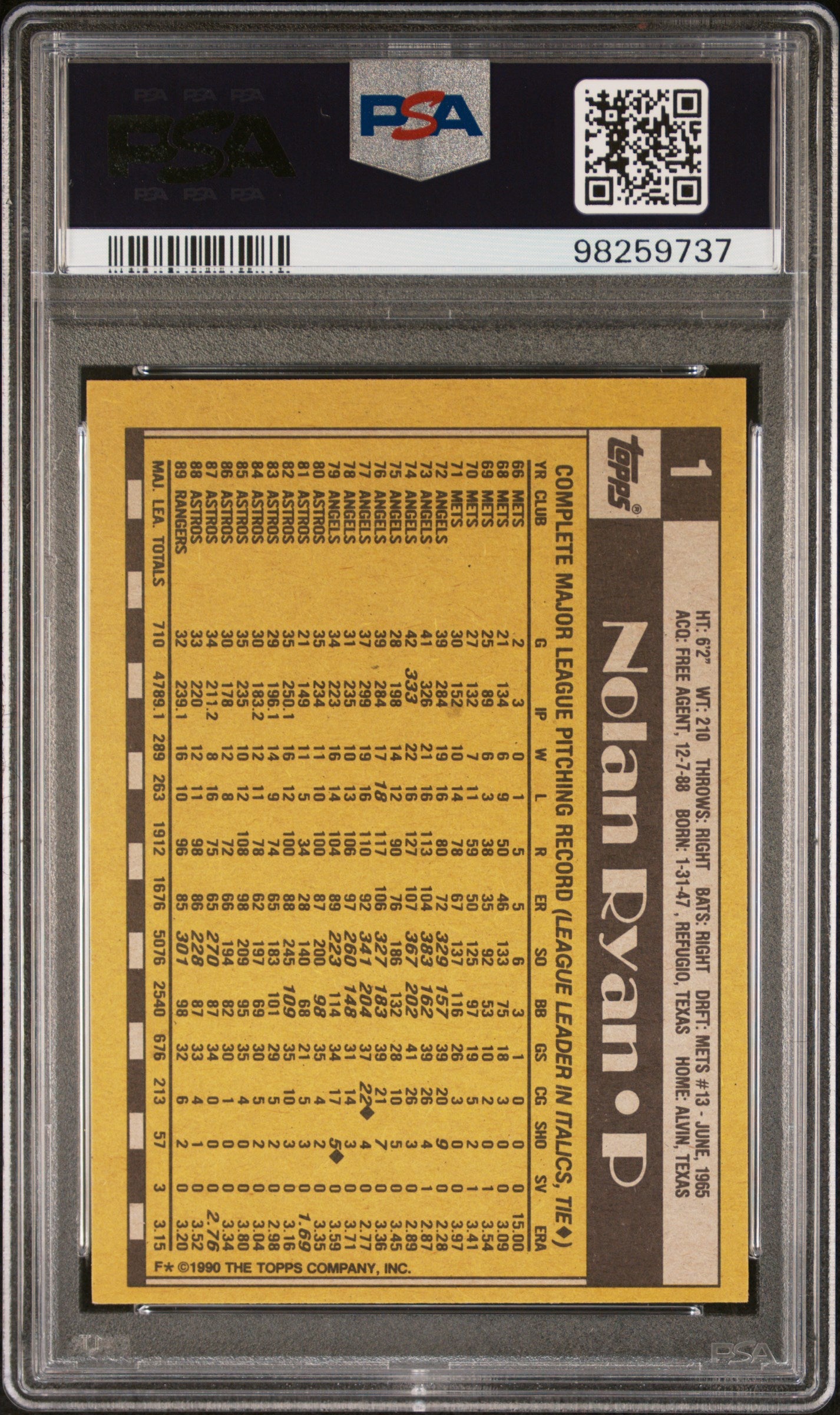 1990 Topps #1 Nolan Ryan PSA 8