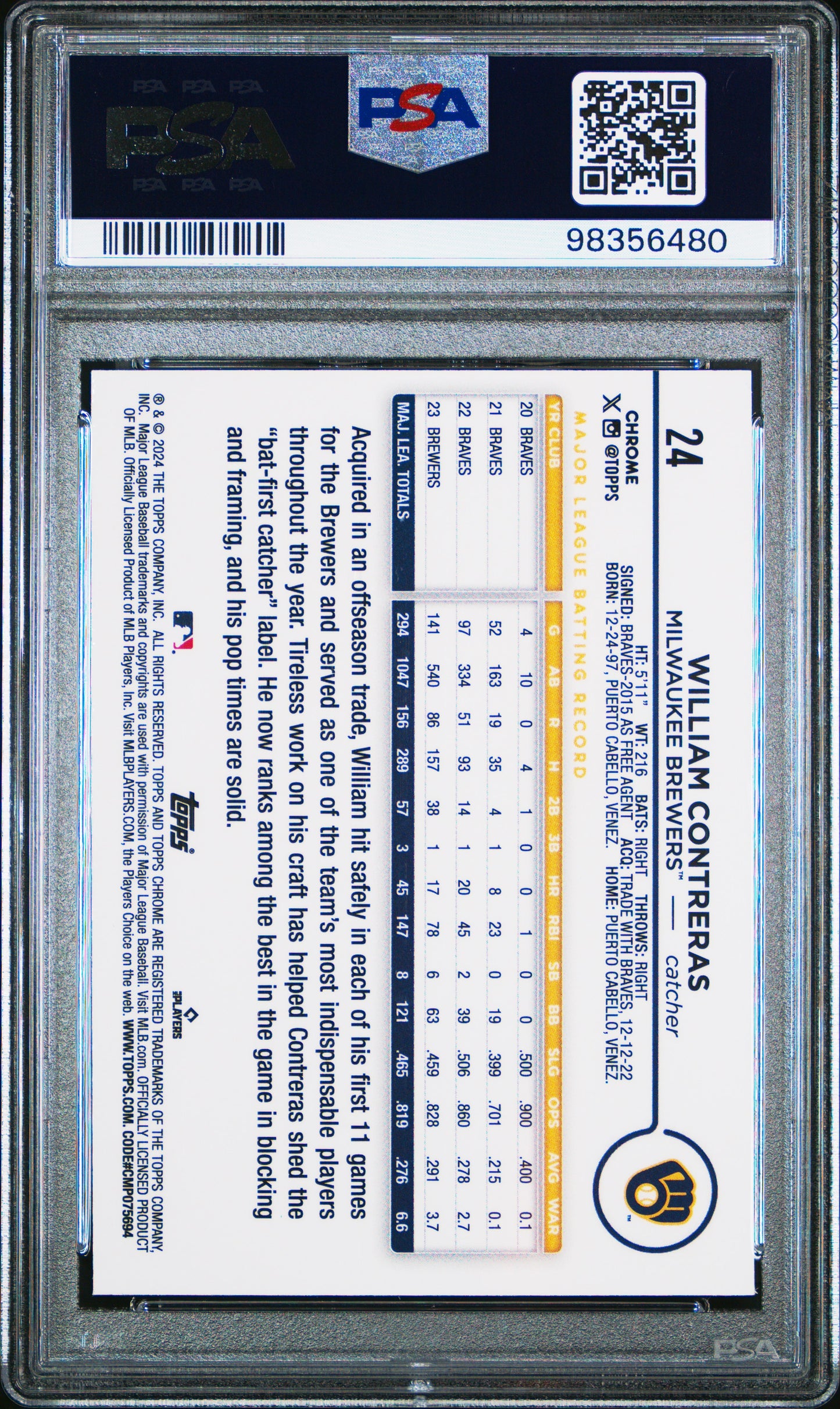 2024 Topps Chrome #24 William Contreras Blue Sonar Refractor 098/125 PSA 10