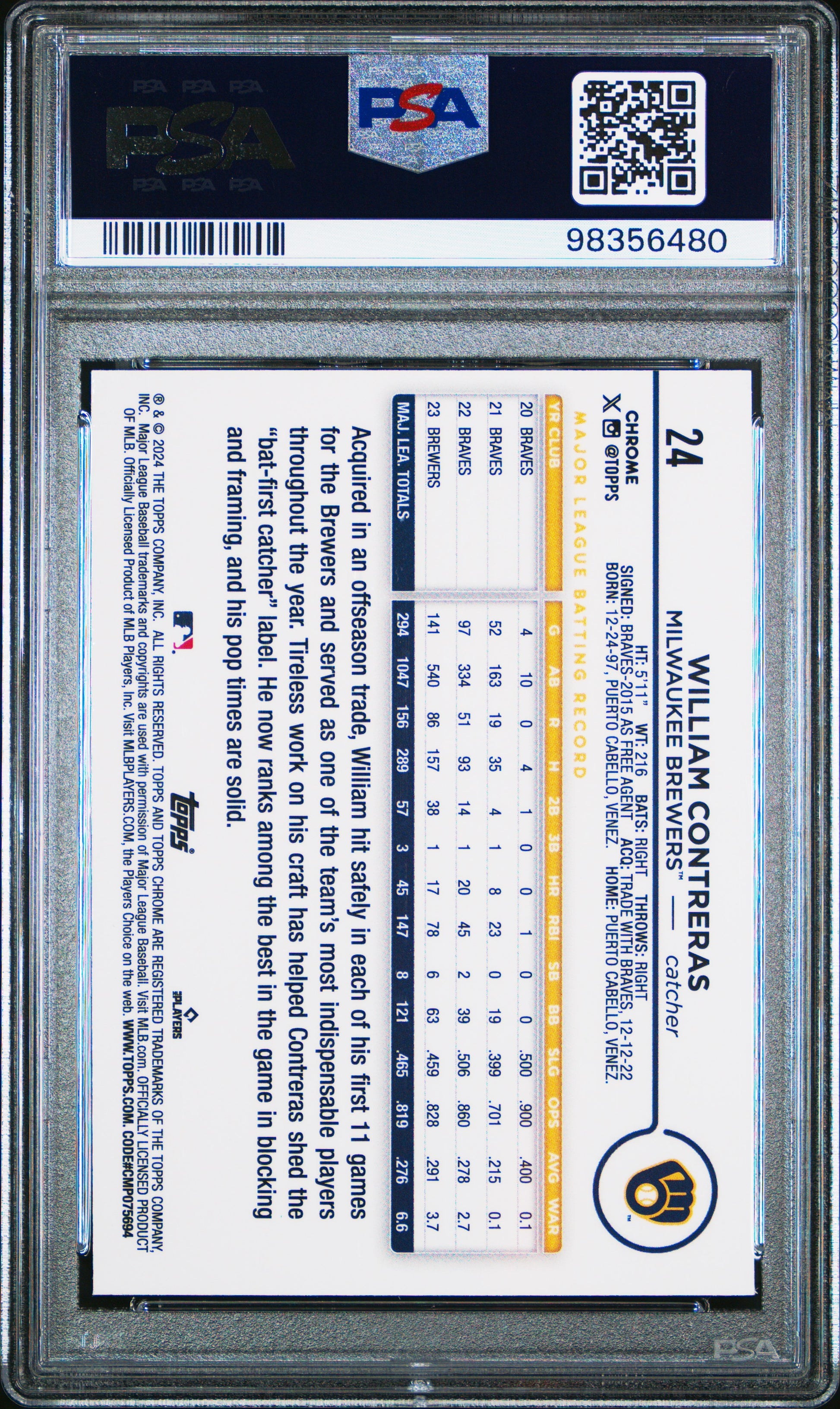 2024 Topps Chrome #24 William Contreras Blue Sonar Refractor 098/125 PSA 10