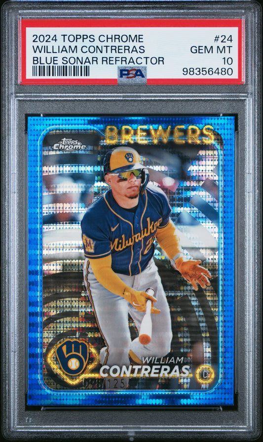 2024 Topps Chrome #24 William Contreras Blue Sonar Refractor 098/125 PSA 10