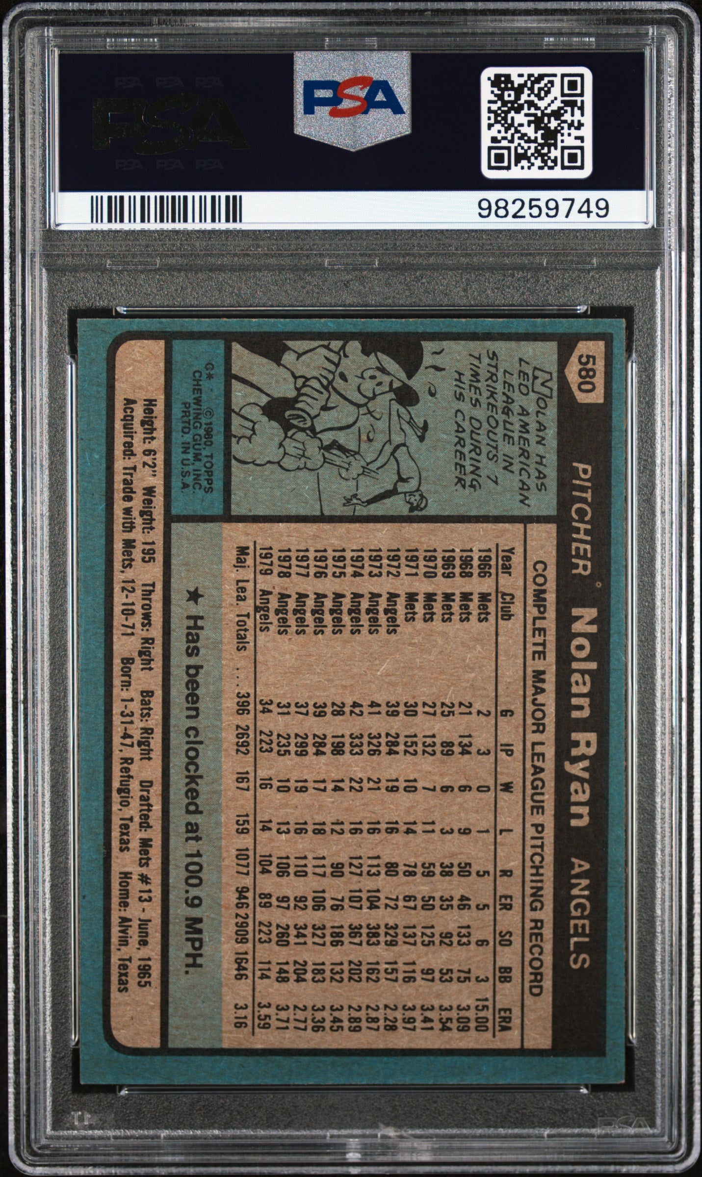 1980 Topps #580 Nolan Ryan PSA 7