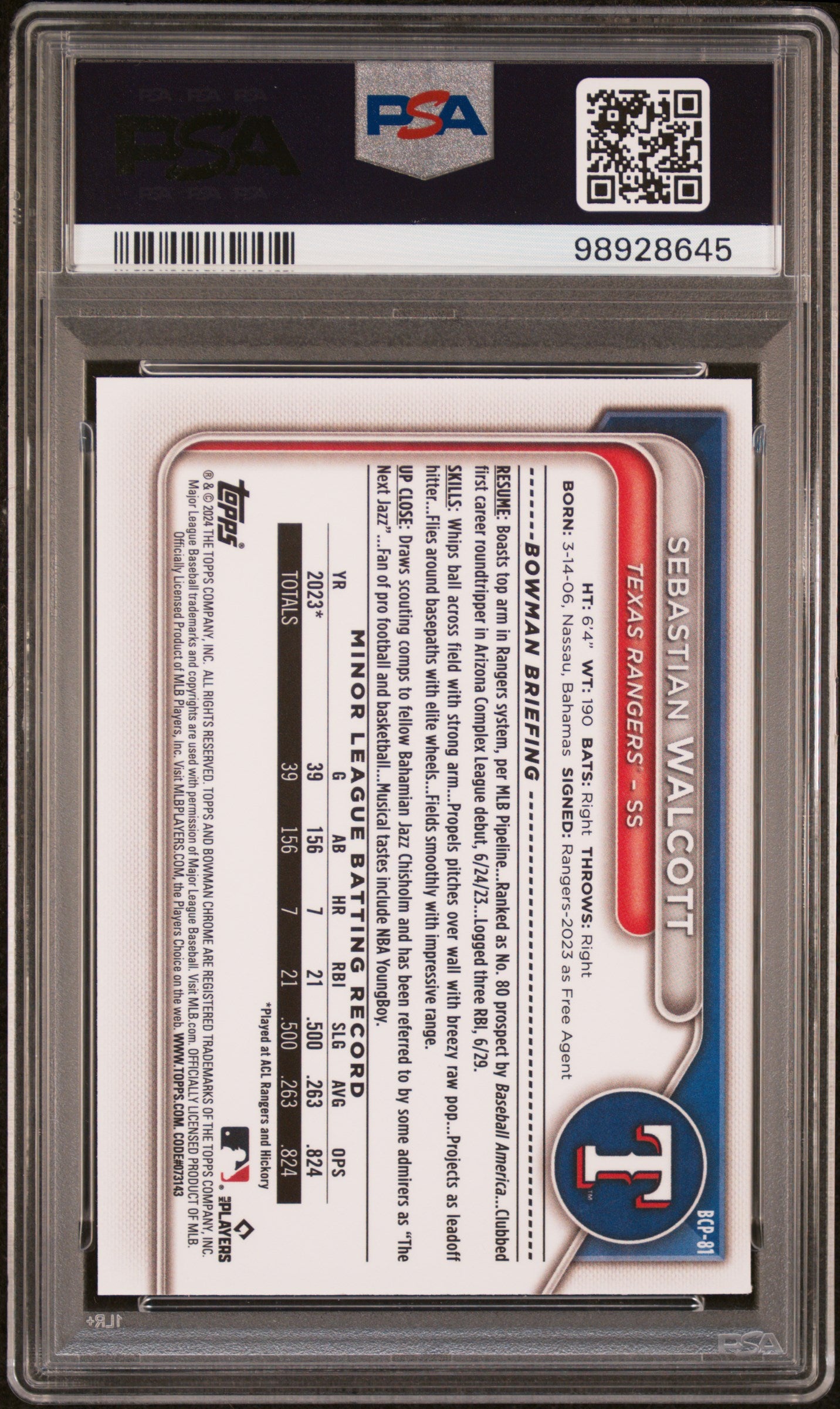 2024 Bowman Chrome Prospects #BCP81 Sebastian Walcott PSA 9 SKU200004