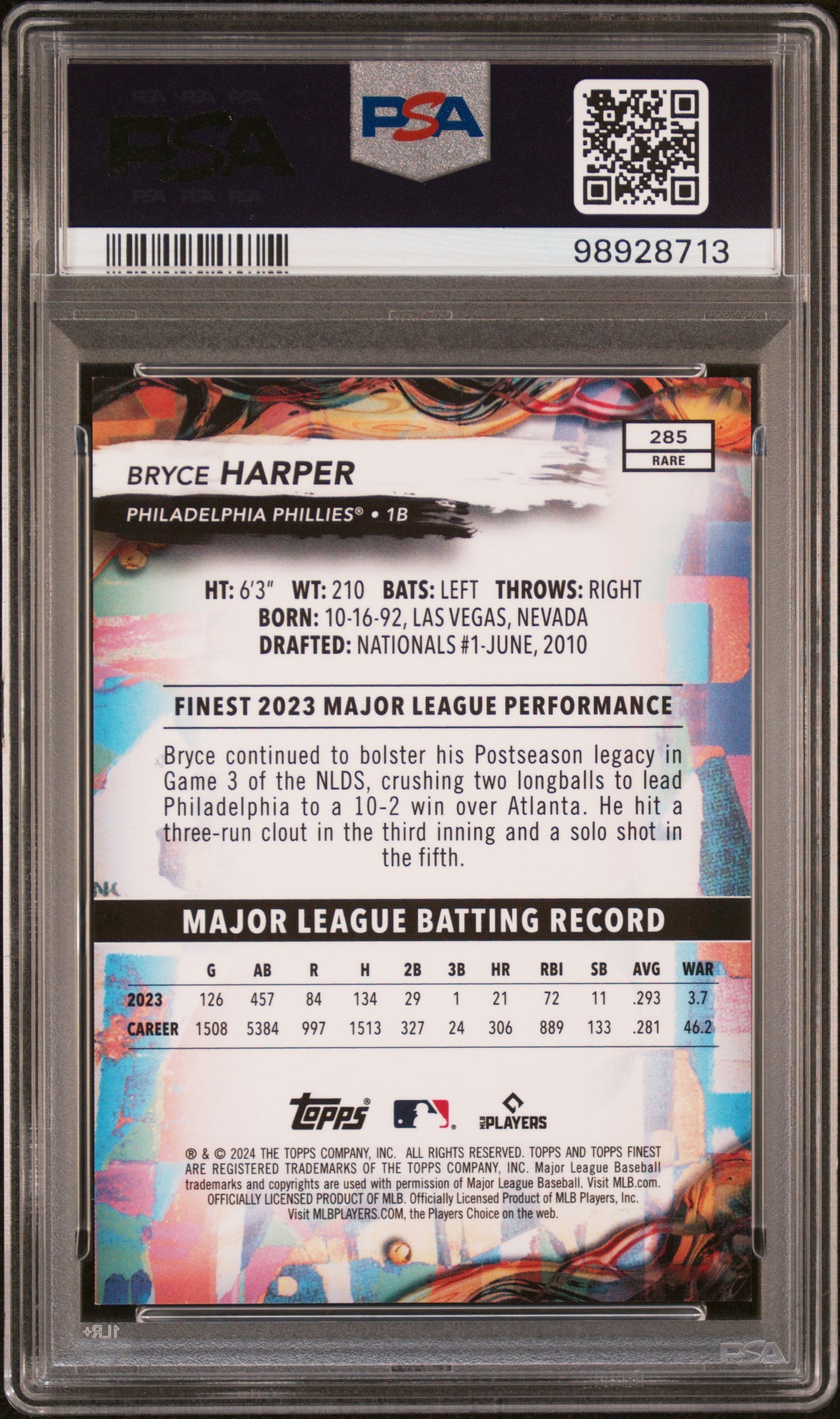 2024 Topps Finest #285 Bryce Harper Purple Refractor PSA 9