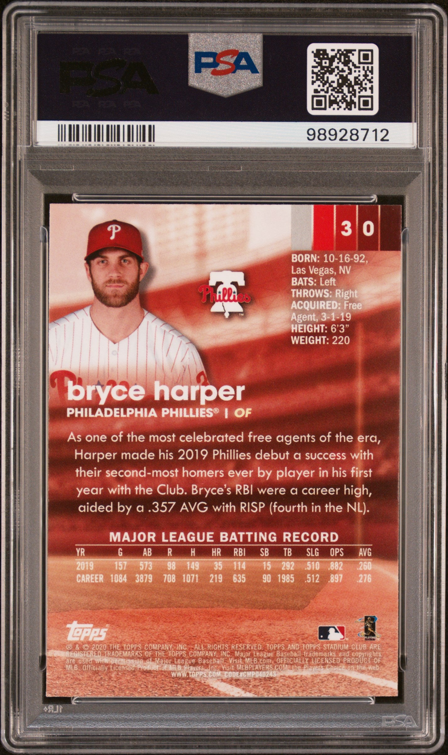 2020 Stadium Club Chrome #30 Bryce Harper PSA 9