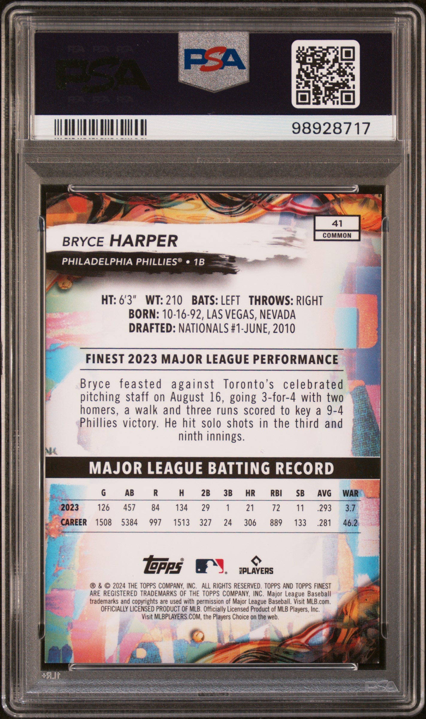2024 Topps Finest #41 Bryce Harper Blue Refractor PSA 9