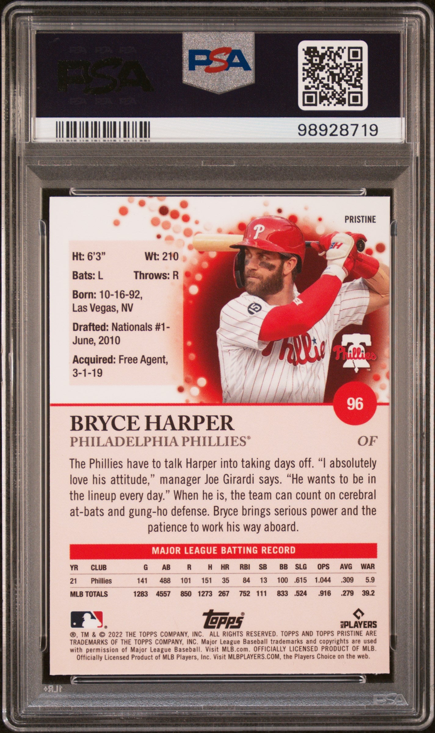 2022 Topps Pristine #96 Bryce Harper Pristine Refractor PSA 8